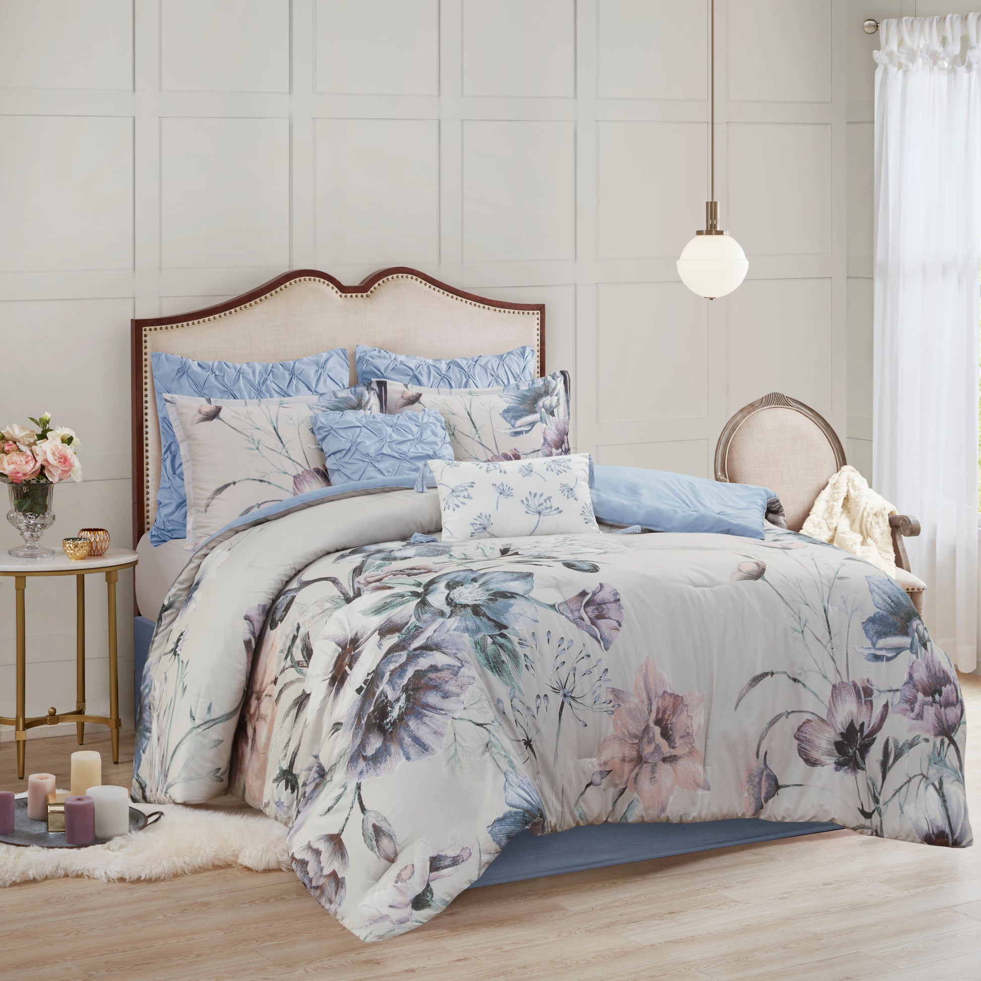 8 Piece Cotton Printed Comforter Set Blue Queen Queen Blue Polyester