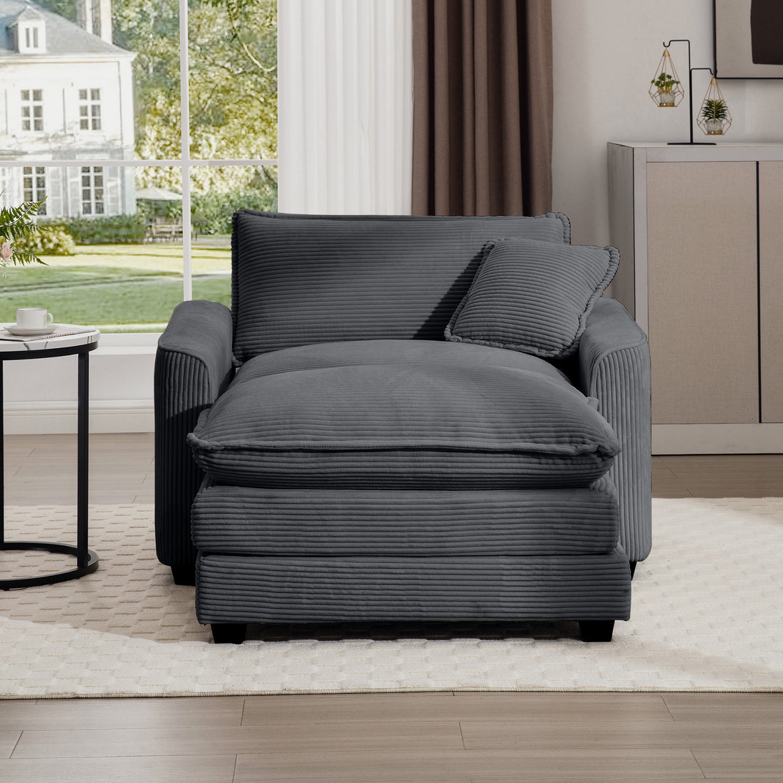 Comfortable Single Chair Deep Seat Sofa With Footstool With One Pillow, Suitable For Living Room And Bedroom, Club Multiple Occasions, Grey Corduroy Fabric Grey Corduroy 1 Seat
