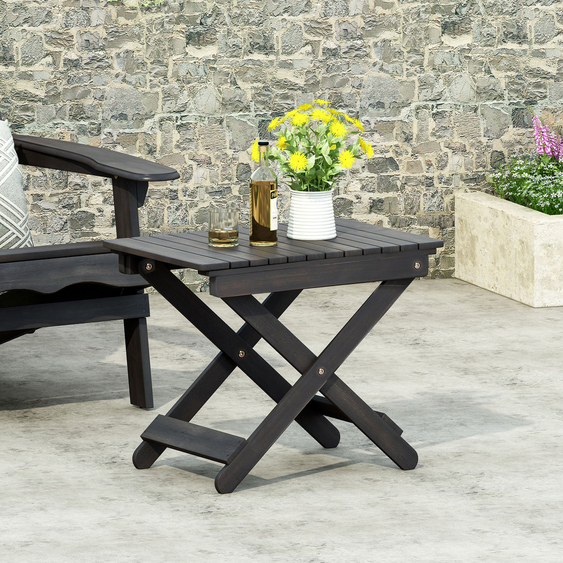 Outdoor Folding Wooden Side Table, Dark Gray, 15"D X 22.75"W X 18.25"H Dark Gray Acacia Wood