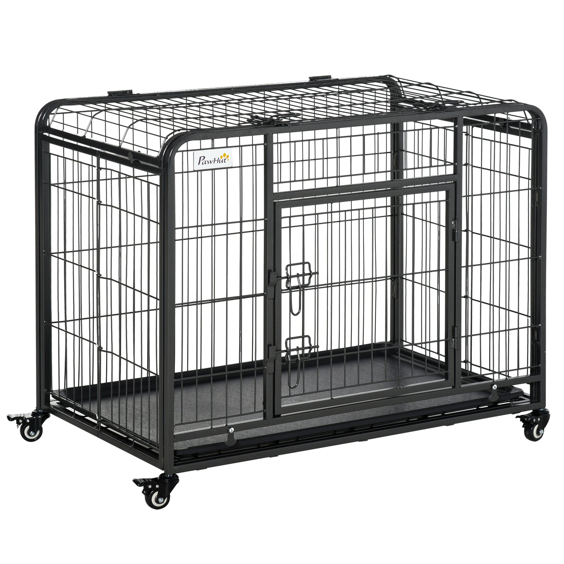 Pawhut Folding Design Heavy Duty Metal Dog Cage Crate & Kennel With Removable Tray And Cover, & 4 Locking Wheels, Indoor Outdoor 37" Dark Grey Metal