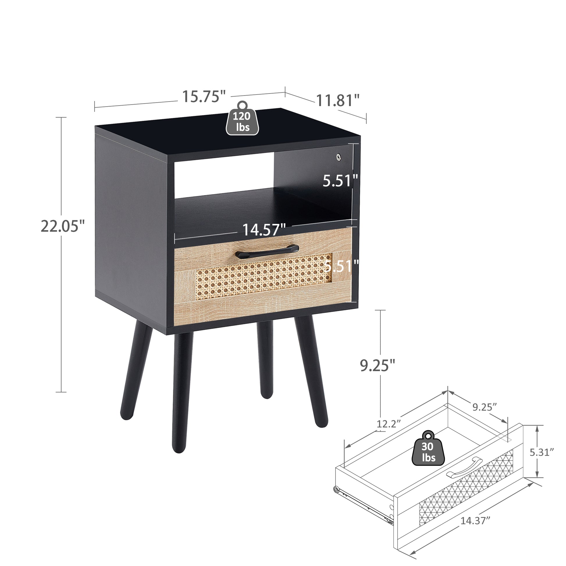 15.75" Rattan End Table With Drawer And Solid Wood Legs, Modern Nightstand, Side Table For Living Room, Bedroom,Black Black Mdf