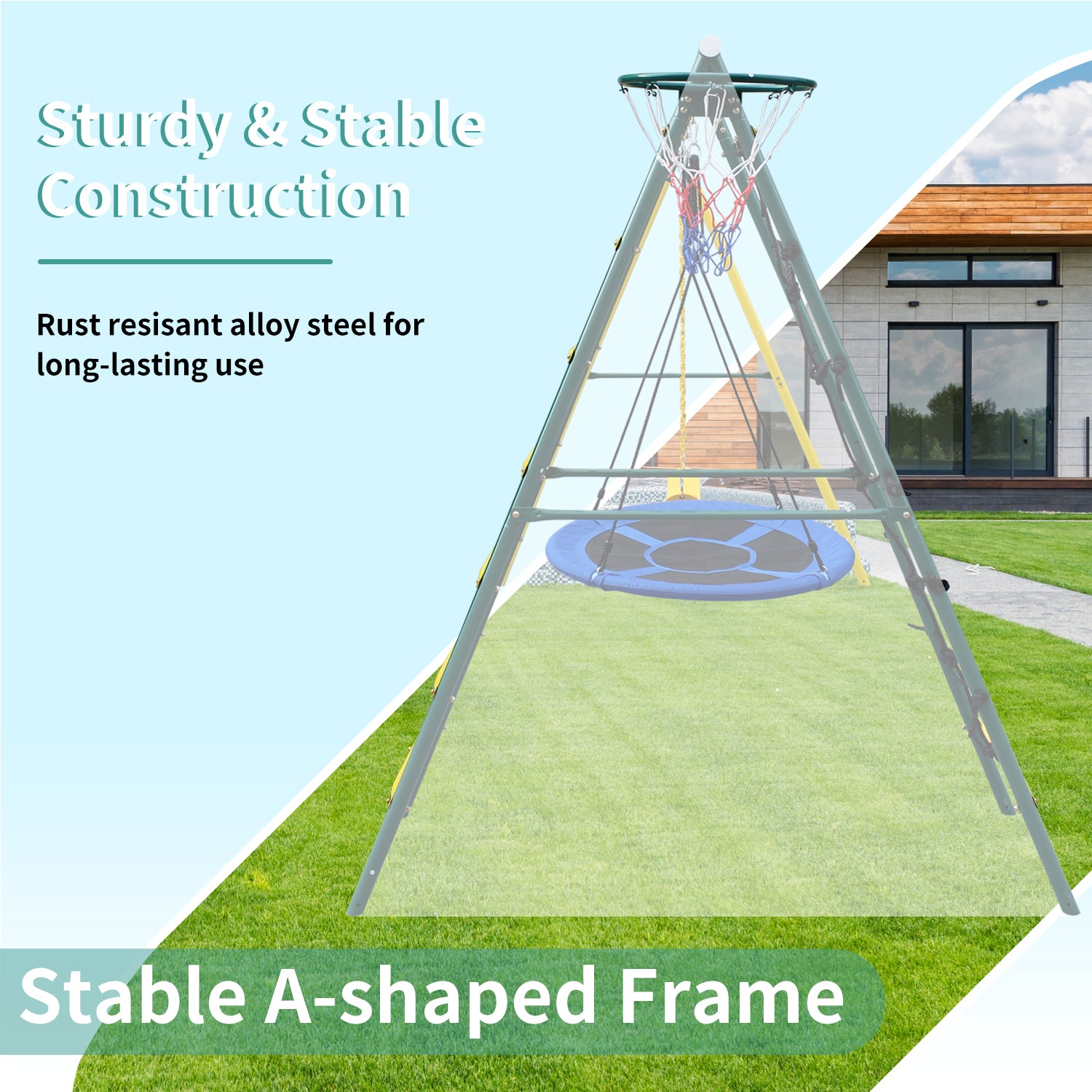 Swing Set For Kids Outdoor Backyard Playground Swing Set With Ladder And Basketball Hoop Blue 200 Lbs & Over 3 To 4 Years Steel Outdoor