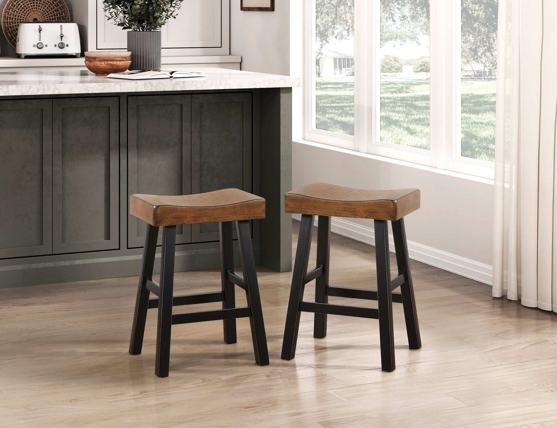 Transitional Design Counter Height Stools Set Of 2Pcs, Black And Brown Finish Solid Rubberwood Furniture Black,Brown Dining Room Transitional Set Of 2 Solid Wood