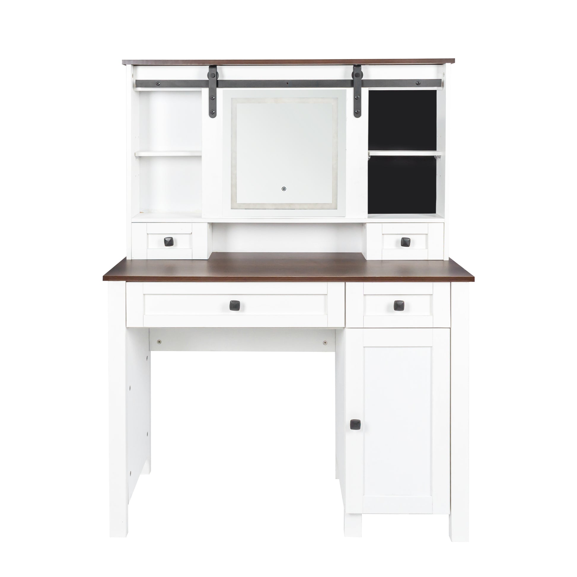 Farmhouse Makeup Vanity With Mirror And Lights,41.73" Wide Vanity Desk ,Vanity Table With 4 Drawers And 1 Cabinet,3 Color Modes, Dressing Table For Bedroom White Walnut Particle Board Mdf