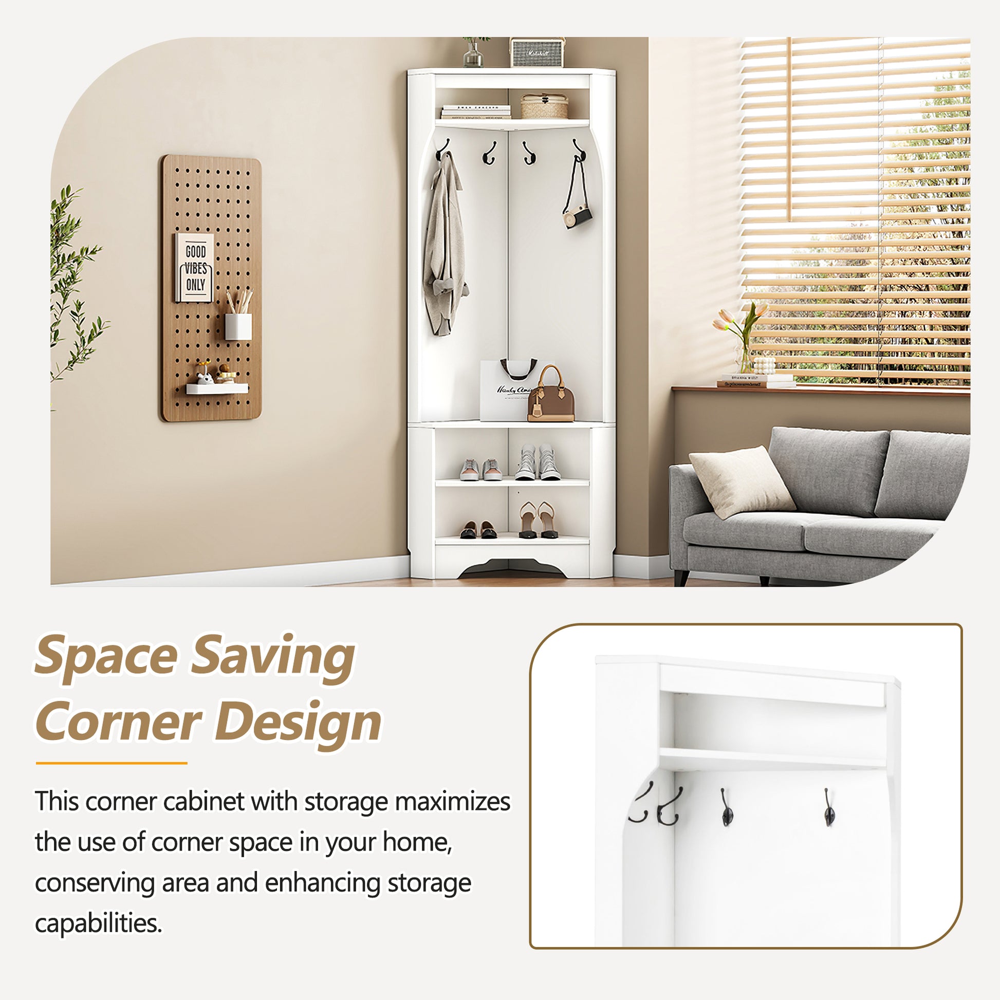 Minimalist Corner Hall Tree With Shoe Bench, Versatile Entryway Coat Rack With 4 Hooks, Corner Cabinet With Adjustable Shelf For Hallway, Living Room, White, 29.5''W*71.6''H White Particle Board