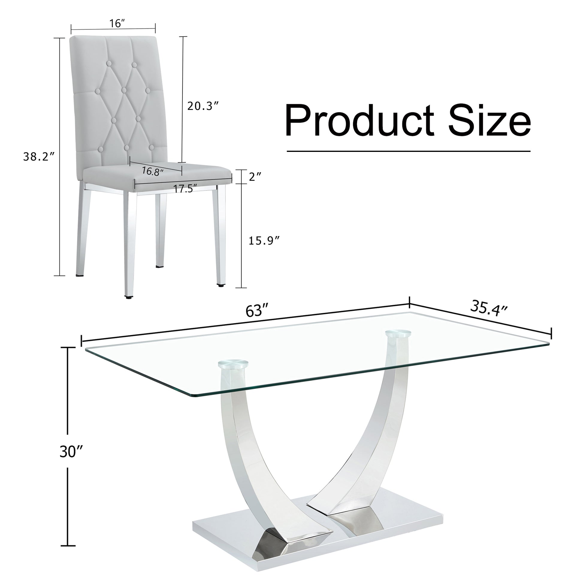 Table And Chair Set, Modern Dining Table, Tempered Glass Tabletop And Silver Colored Leg Table, Soft And Comfortable Dining Chair, Perfect For Dinner, Meetings, Home And Office Decor Gray Seats 4 Glass