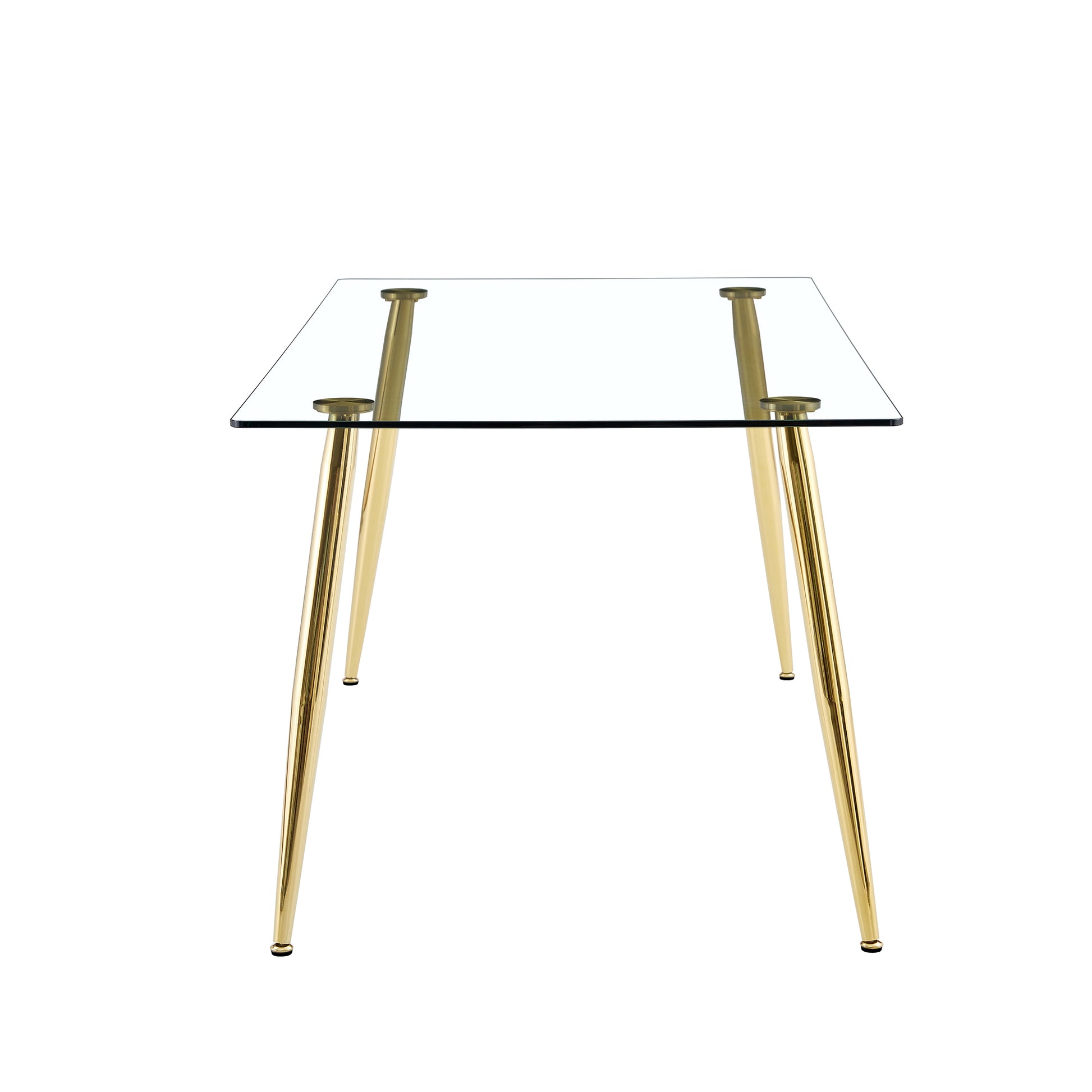Table And Chair Set.Modern Rectangular Glass Dining Table With A Tempered Glass Tabletop And Metal Legs, Paired With Multiple Chairs Designed With Pu Cushions And Golden Metal Legs. Black Gold Seats 8 Tempered Glass