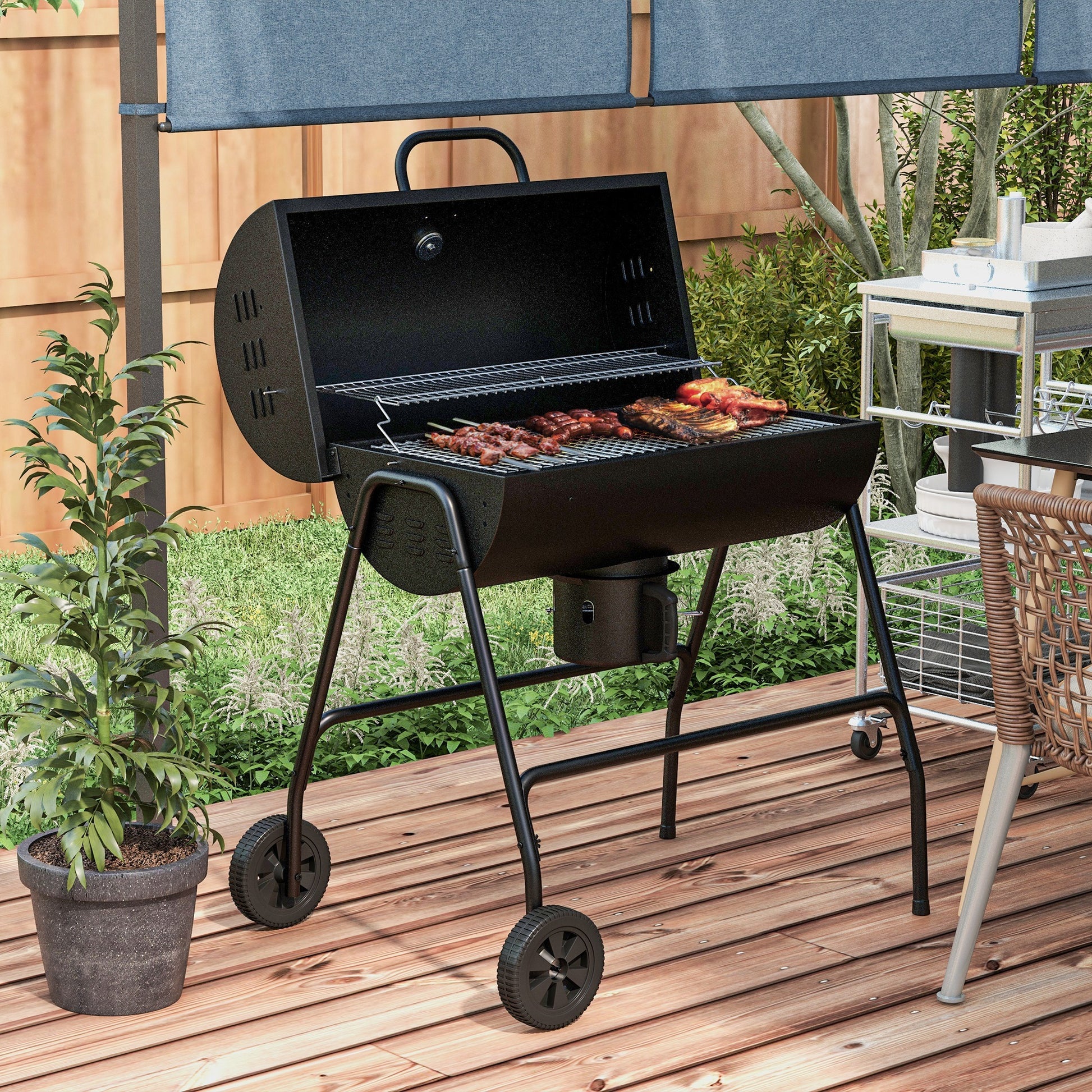 Outsunny Barrel Charcoal Bbq Grill With 420 Sq.In. Cooking Area, Outdoor Barbecue With Wheels, Ash Catcher And Built In Thermometer For Patio Picnic, Backyard Party, Black Black Steel