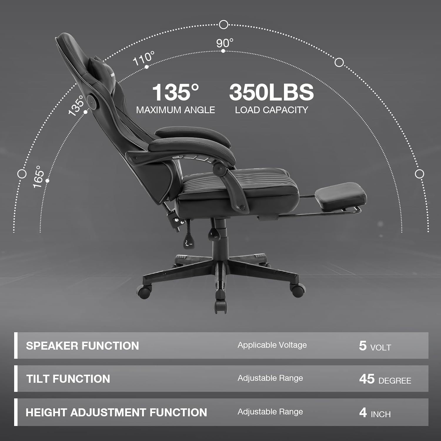 Gaming Chair With Speakers, High Back Computer Chair With Footrest, Lumbar Support And Headrest, Big And Tall Gamer Chairs With Heavy Duty Base Linkage Armrests For Adults Nylon Black Foam Faux Leather