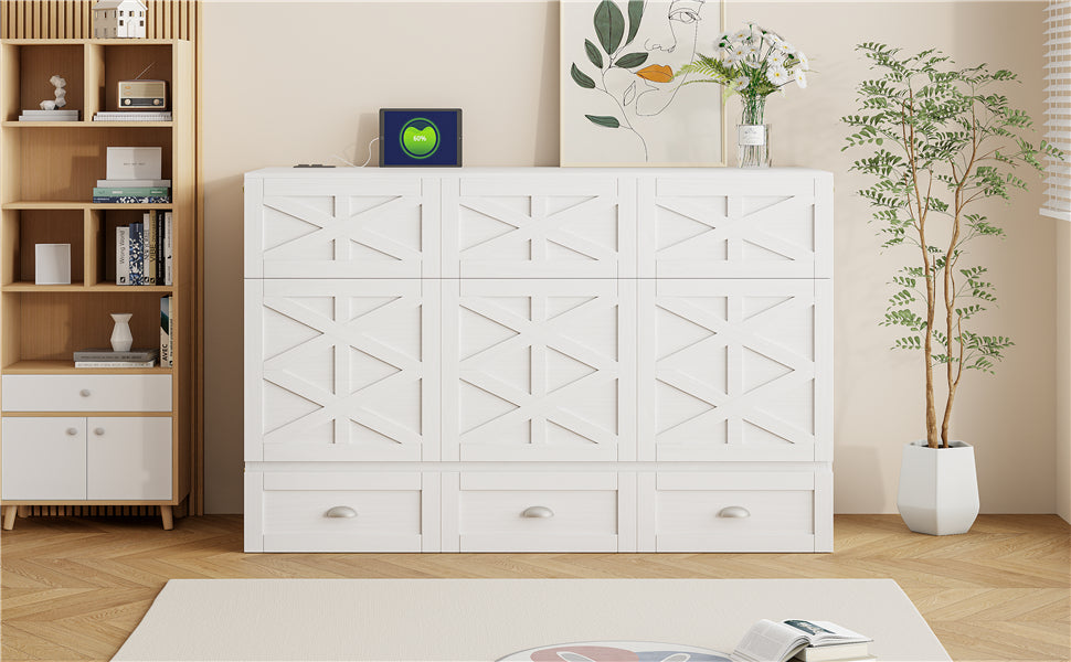 Queen Size Murphy Bed With Large Drawers,Brushed White Queen White Plywood