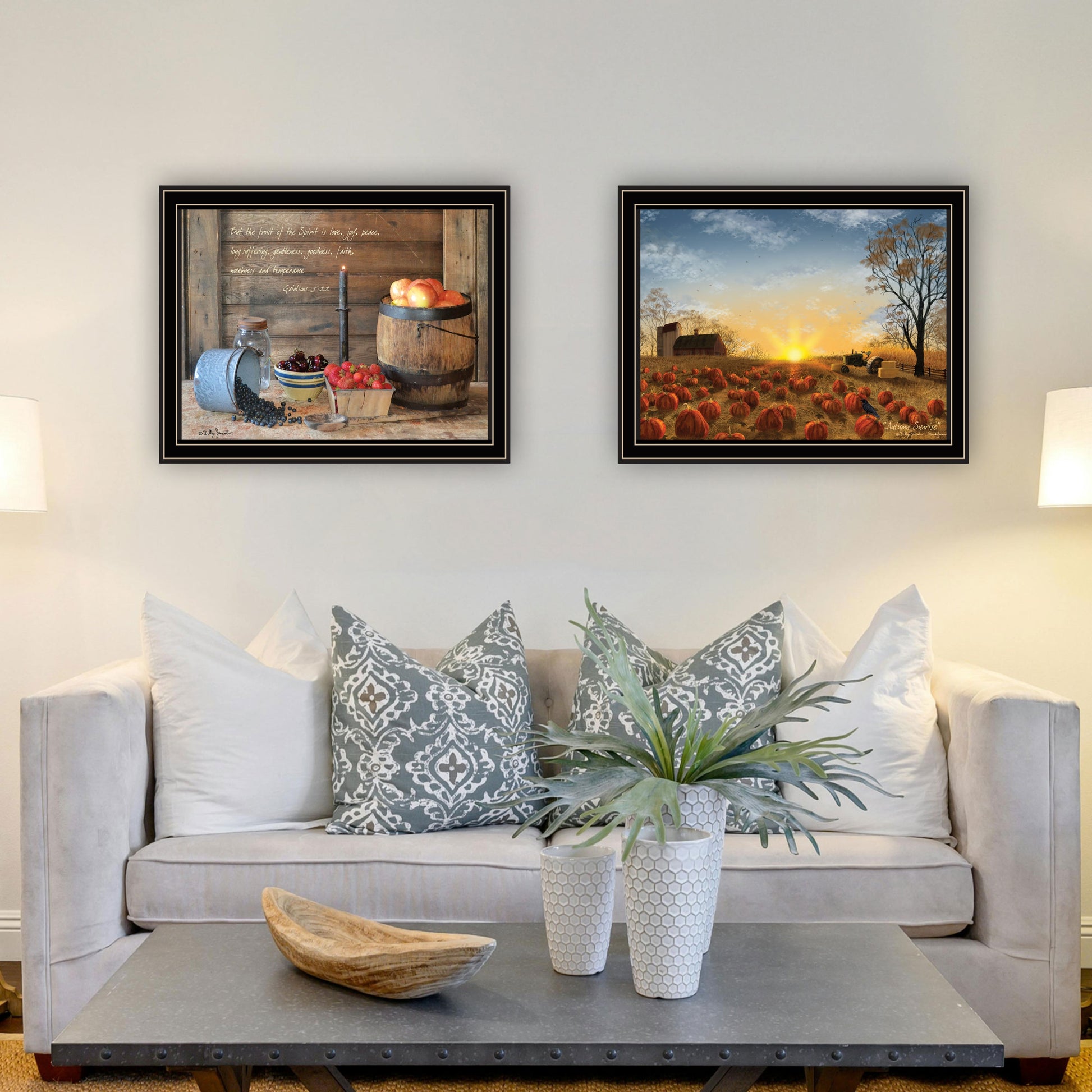 2 Piece Vignette Autumn Sunrise, Fruit Of The Spirit Black Framed Wall Art For Living Room, Bedroom Wall Art Print For Home Decor By Billy Jacobs Multi Wood Paper