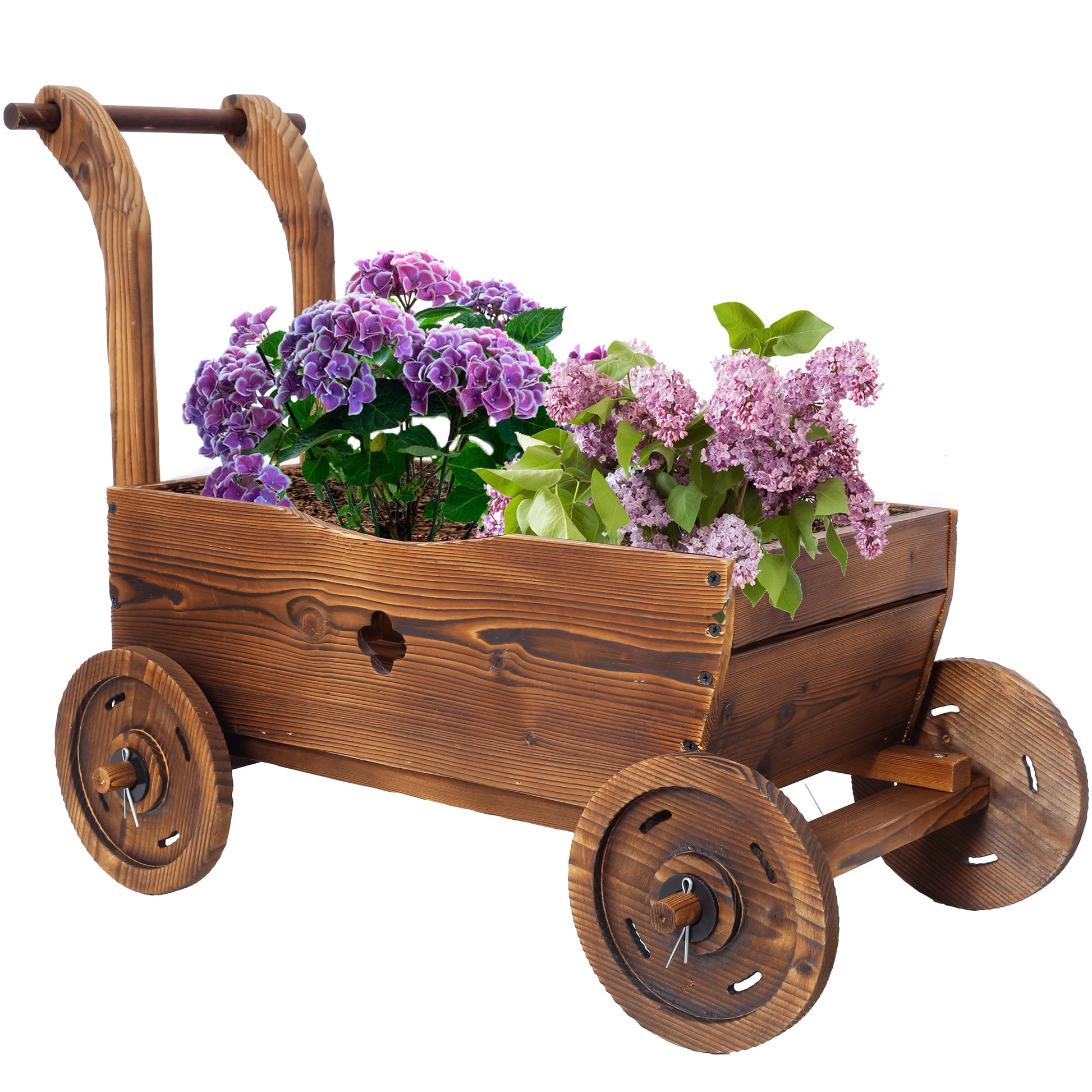 Wooden Wagon Planter Box, Mobile Garden Planter With 4 Wheels, Handle, Drain Hole, Decorative Flower Planter For Indoor & Outdoor Decor, Wooden Flower Cart For Patio, Garden, Balcony, Brown Brown