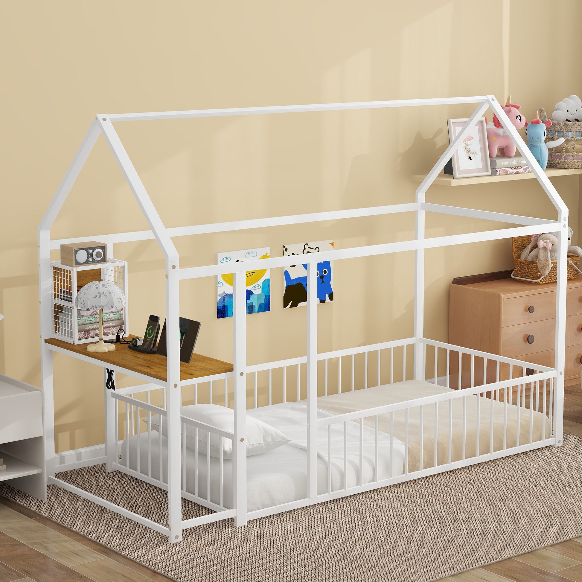 Twin Size Metal Bed House Bed Frame With Desk, Shelves, Power Outlets And Usb Ports, White Twin White Metal
