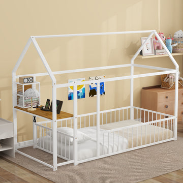 Twin Size Metal Bed House Bed Frame With Desk, Shelves, Power Outlets And Usb Ports, White Twin White Metal