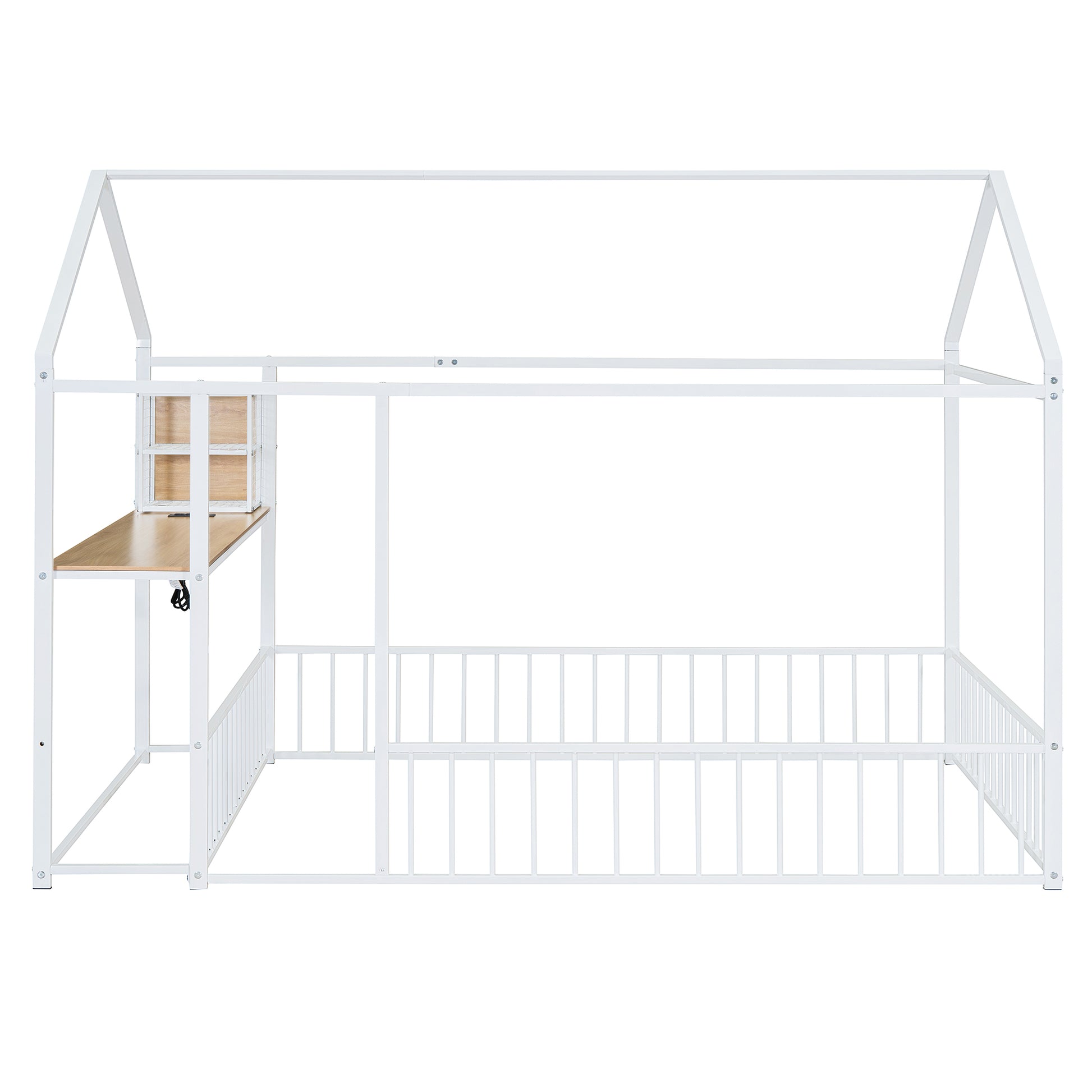 Full Size Metal Bed House Bed Frame With Desk, Shelves, Power Outlets And Usb Ports, White Full White Metal
