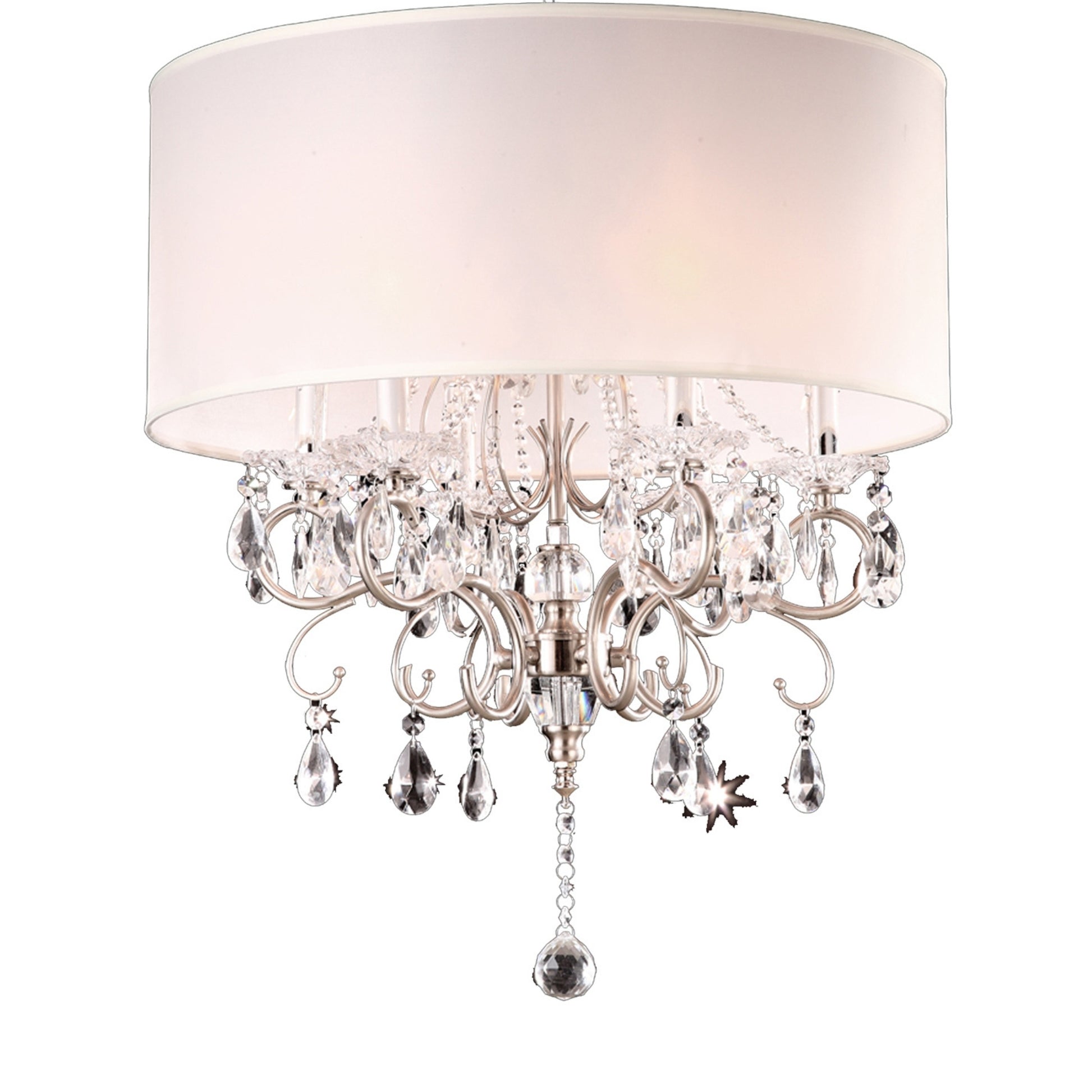 21" Tall Metal Chandelier With Silver Finish, White Shade With Crystal Accents Pink Metal