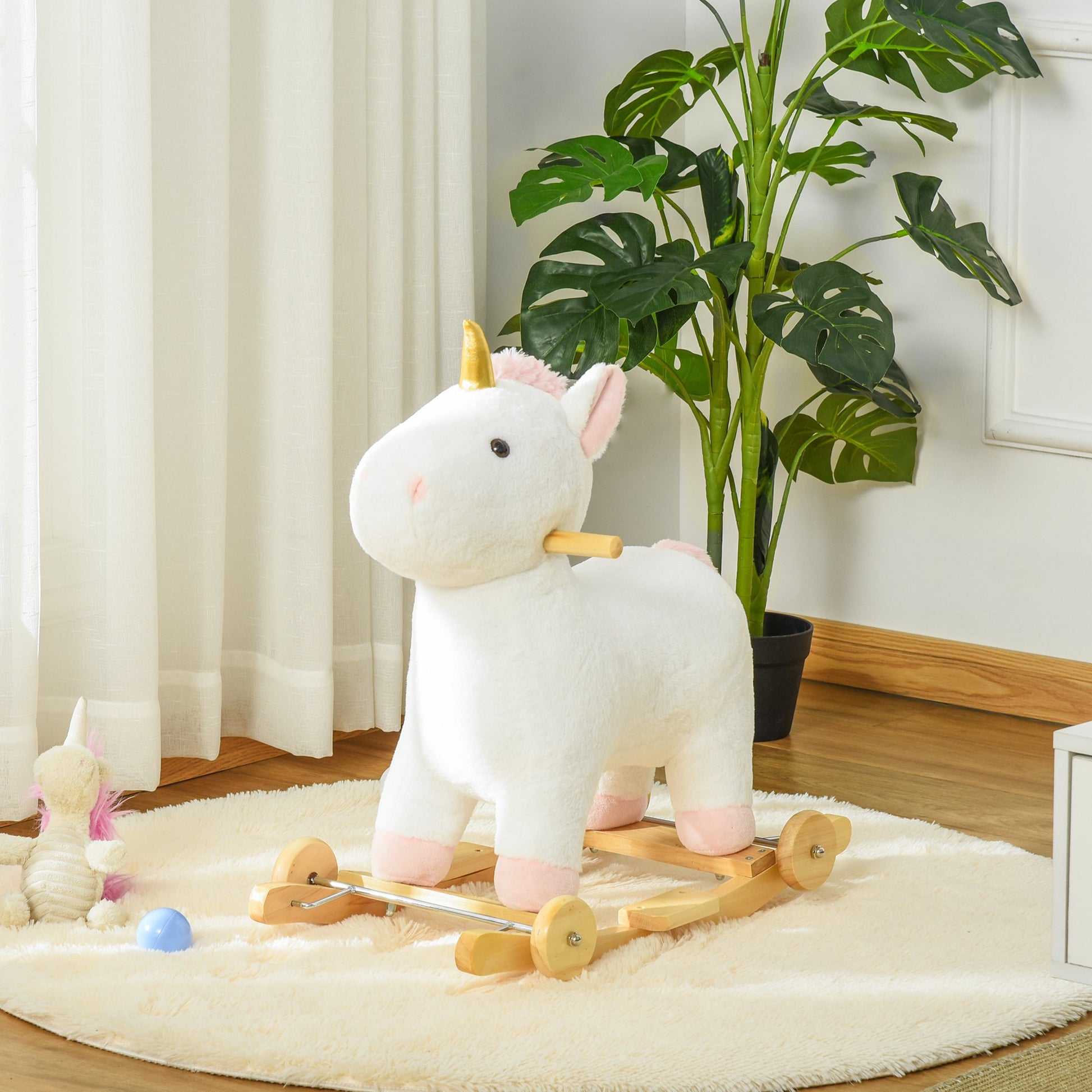 Qaba Rocking Horse, 2 In 1 Kids Ride On Horse, Rolling Unicorn Animal Rocker With Sound, Wooden Base, Pedal, Grip Handle, Plush Riding Pony For 3 6 Years Old, White White Plush