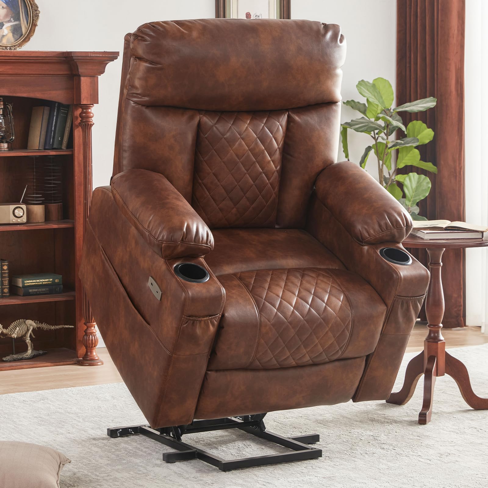 Lift Chairs Recliner For Elderly Heat And Massage Chair Recliner Electric Power Recliner With Cup Holder Extended Footrest Usb & Type C Ports, Brown Light Brown Wood Primary Living Space Heavy Duty