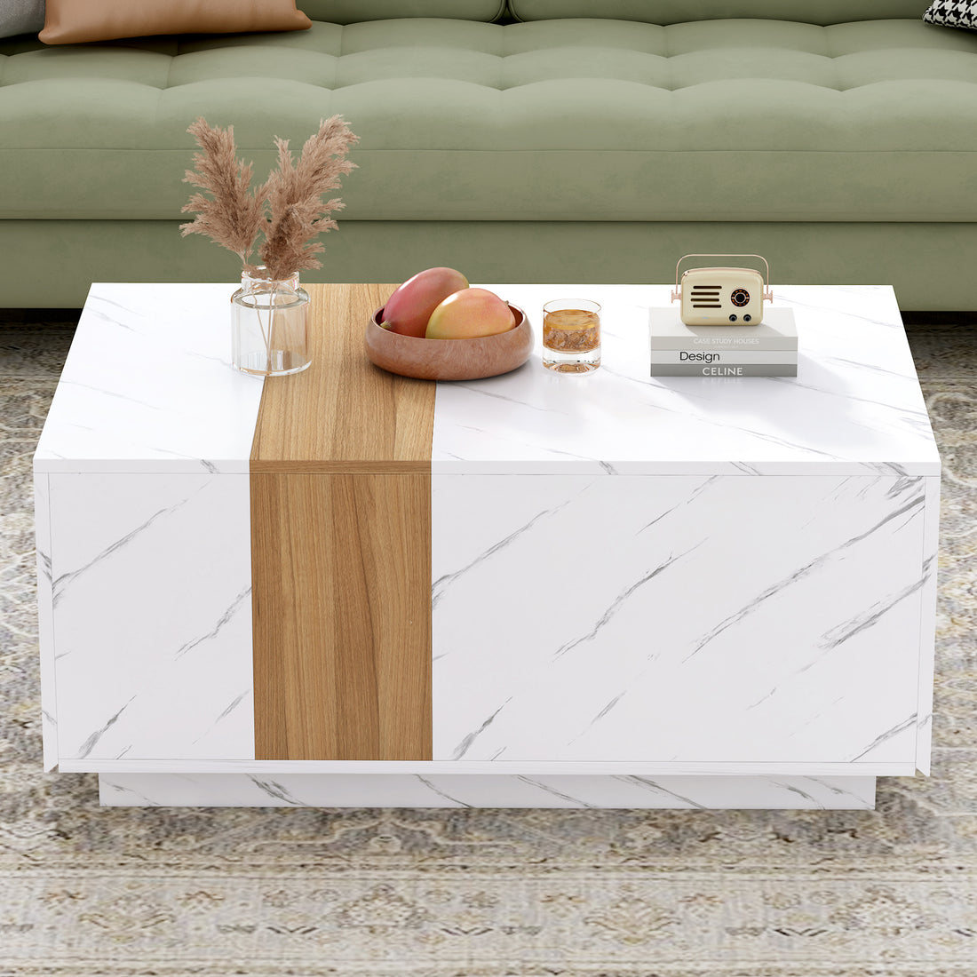 Modern 35.4 X 23.6 Inch Two Tone Coffee Table With Faux Marble And Walnut Wood Grain Finish, Rectangular Center Table With 2 Storage Drawers, Practical Cocktail Table For Living Room, White White Primary Living Space Drawers Rectangular Particle Board