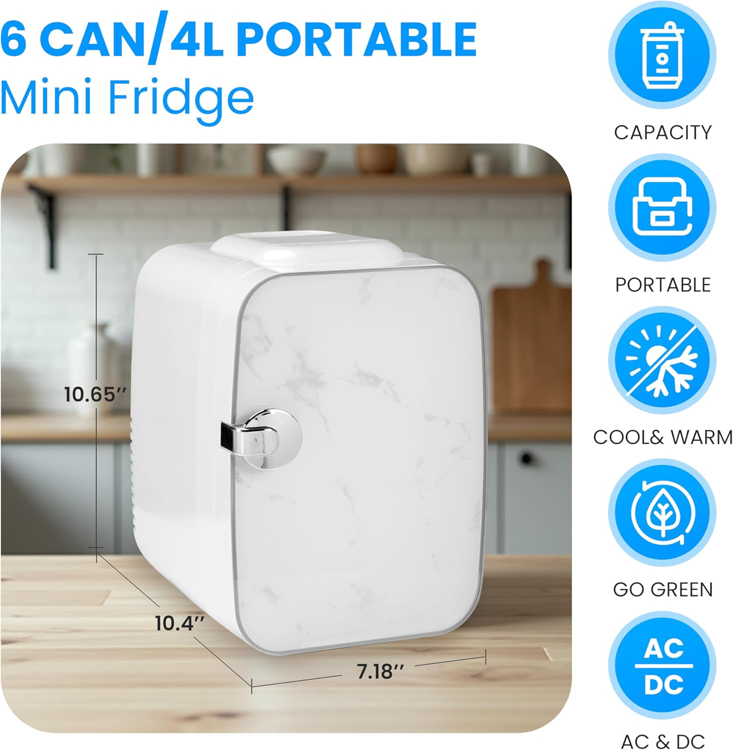 Mini 4L 6 Can, Small Refrigerator For Bedroom, Office, Dorm And Car Portable Cooler & Warmer Compact Fridge For Beverage, Skincare And Food, Marble White Marble Plastic