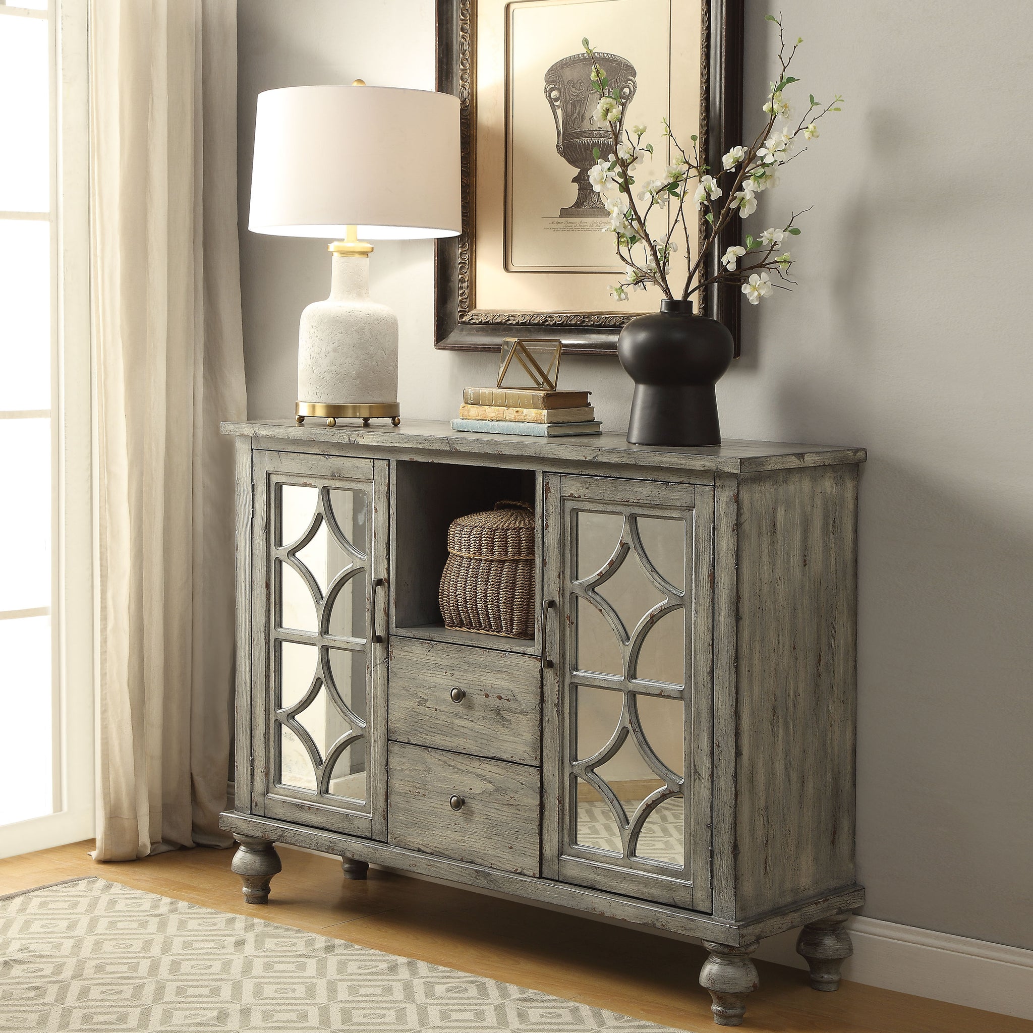 Velika Weathered Gray Finish Console Table W 1 Open Compartment Storage Gray Synthetic Wood