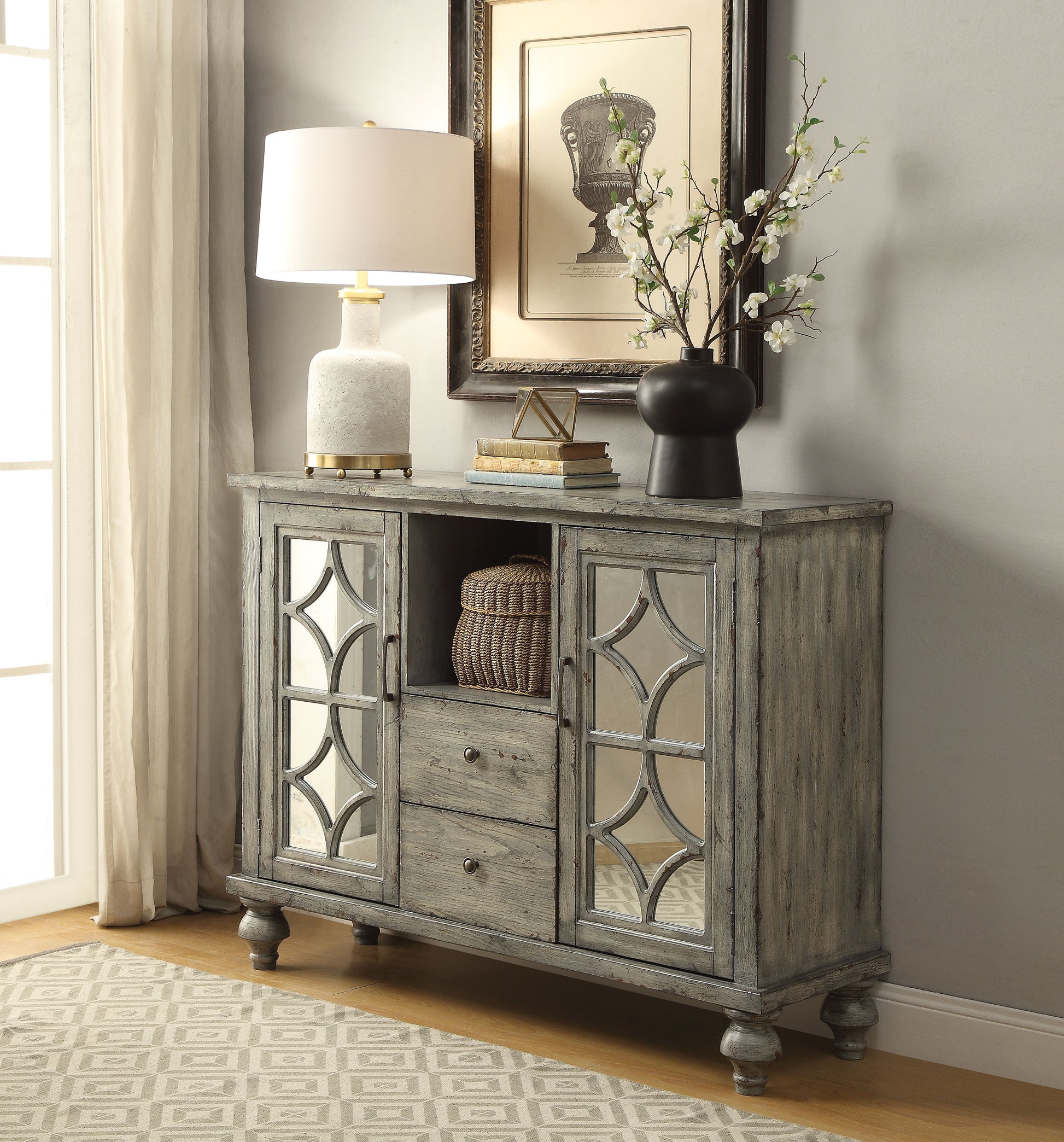 Velika Weathered Gray Finish Console Table W 1 Open Compartment Storage Gray Synthetic Wood