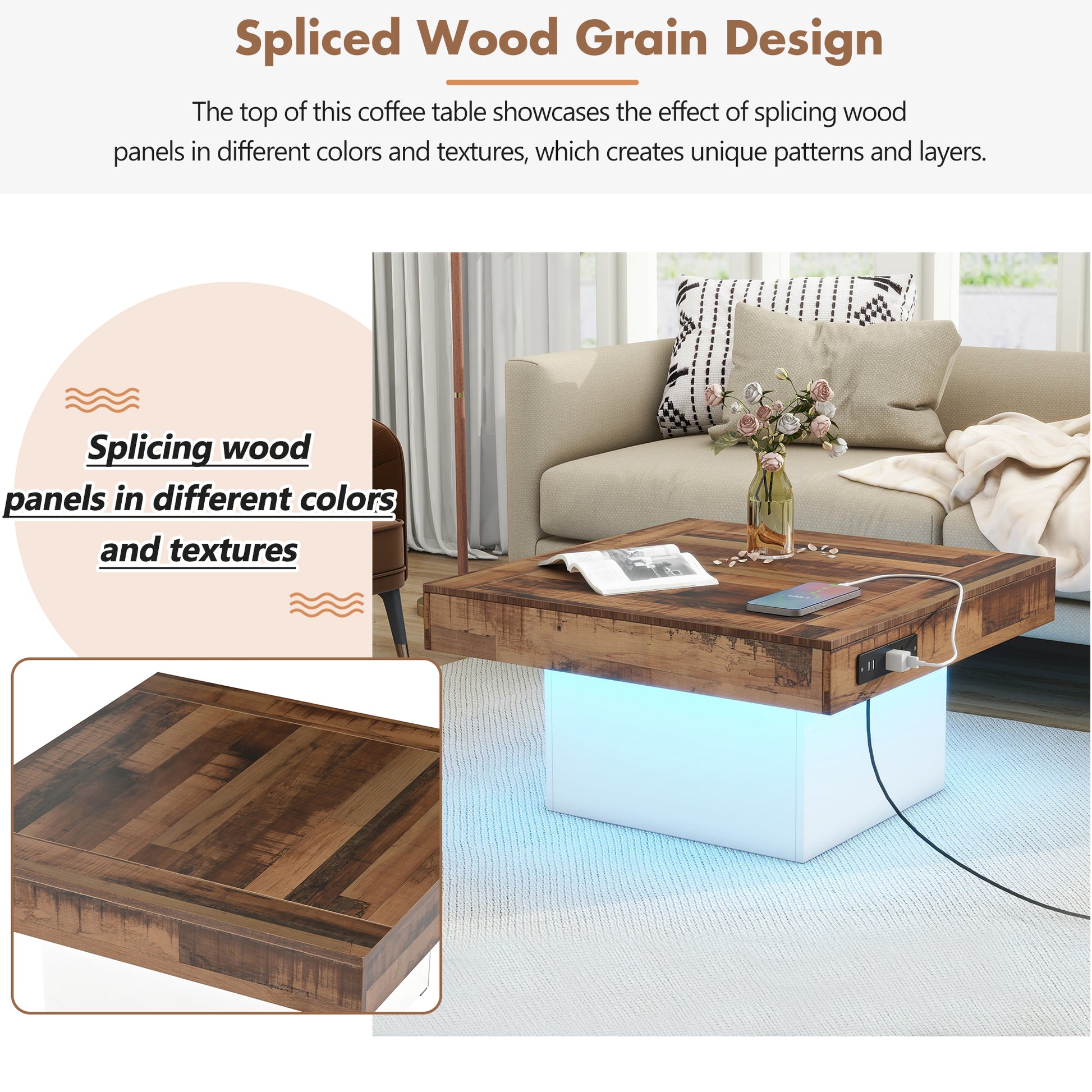 31.4'' X 31.4'' Farmhouse Coffee Table With 2 Usb Ports And Outlets, Brown Spliced Wood Grain Center Table With Led Light, Rustic Cocktail Table With Charging Station For Living Room, White White Primary Living Space Square Particle Board