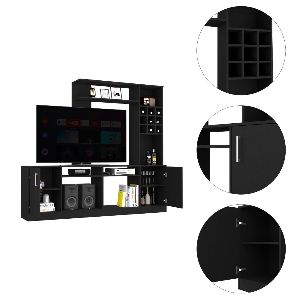 Entertainment Center For Tv S Up 78", Double Door Cabinet, Storage Spaces, Six External Shelves, Black Black 60 69 Inches Solid Wood Mdf Engineered Wood