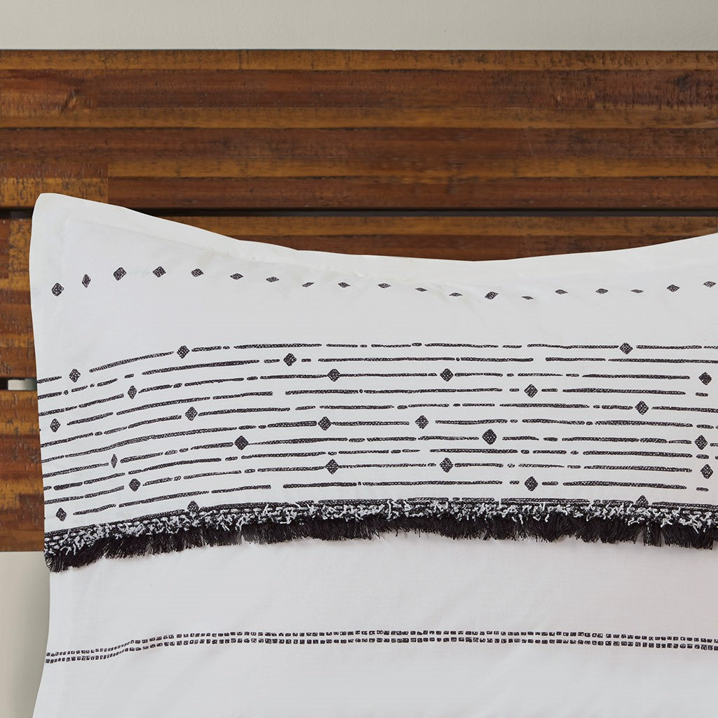 Cotton Printed Comforter Set With Trims Black White King Cal King King White Black Cotton