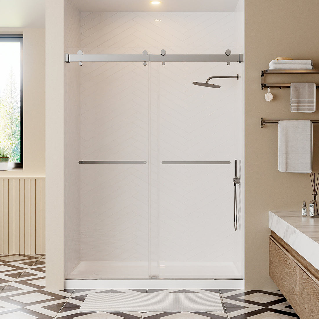 50 54 Inches Width 76 Inches Height Double Sliding Frameless Shower Door With 3 8 Inches 10Mm Clear Tempered Glass, Chrome Finish Chrome Bathroom Luxury,Modern Glass Aluminium,Stainless Steel