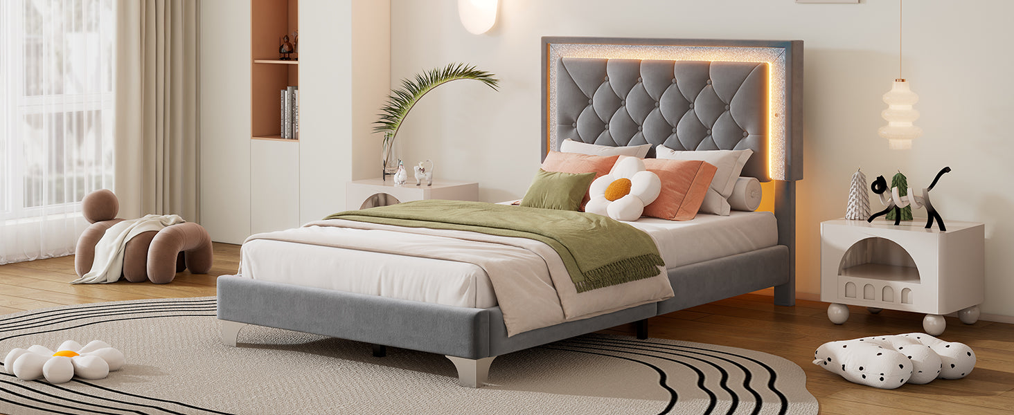 Twin Size Upholstered Bed Frame With Led Lights,Modern Velvet Platform Bed With Tufted Headboard,Grey Twin Grey Velvet