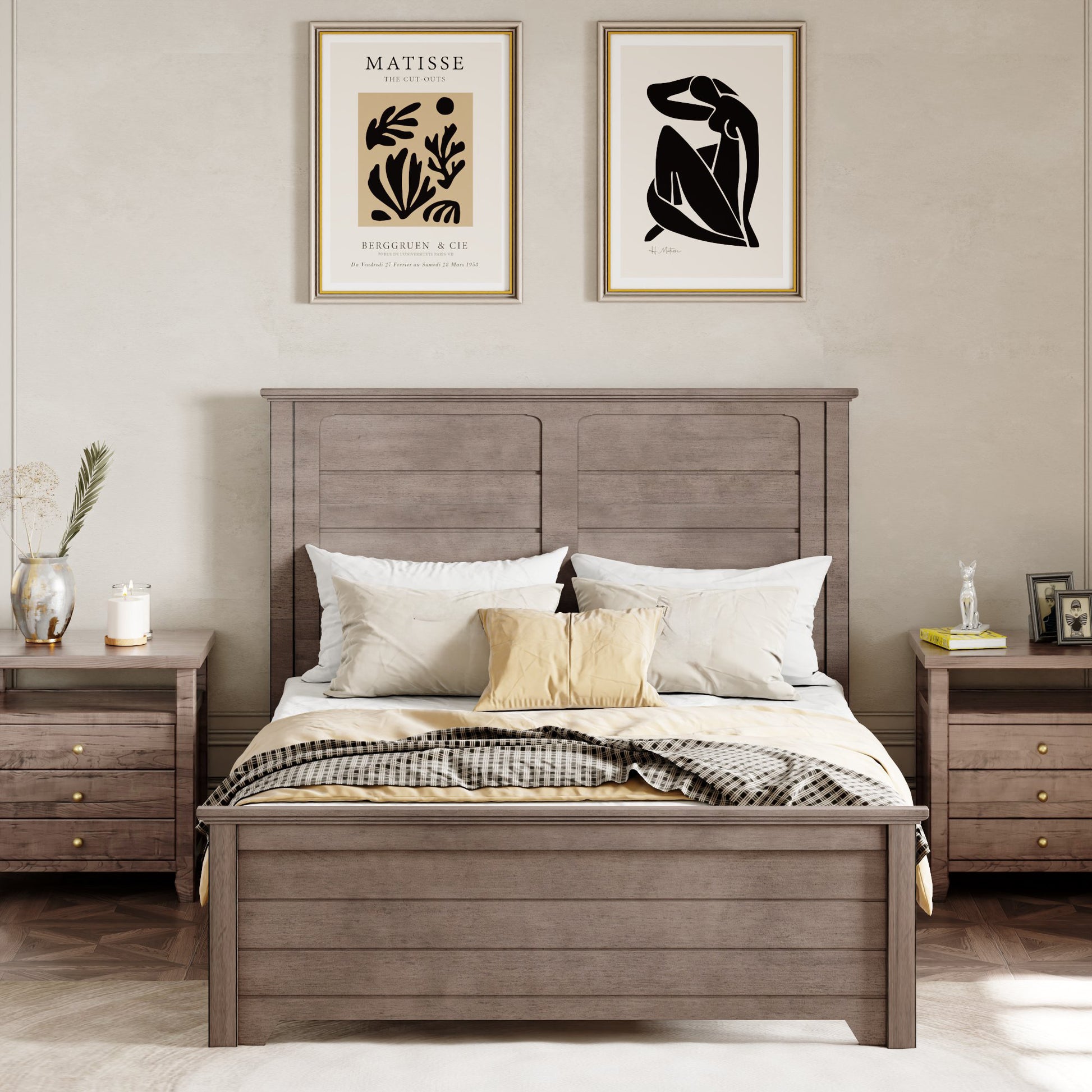 Farmhouse Wooden Platform Full Size Bed With Panel Design Headboard And Footboard For Teenager, Ash Brown Full Ash Brown Pine