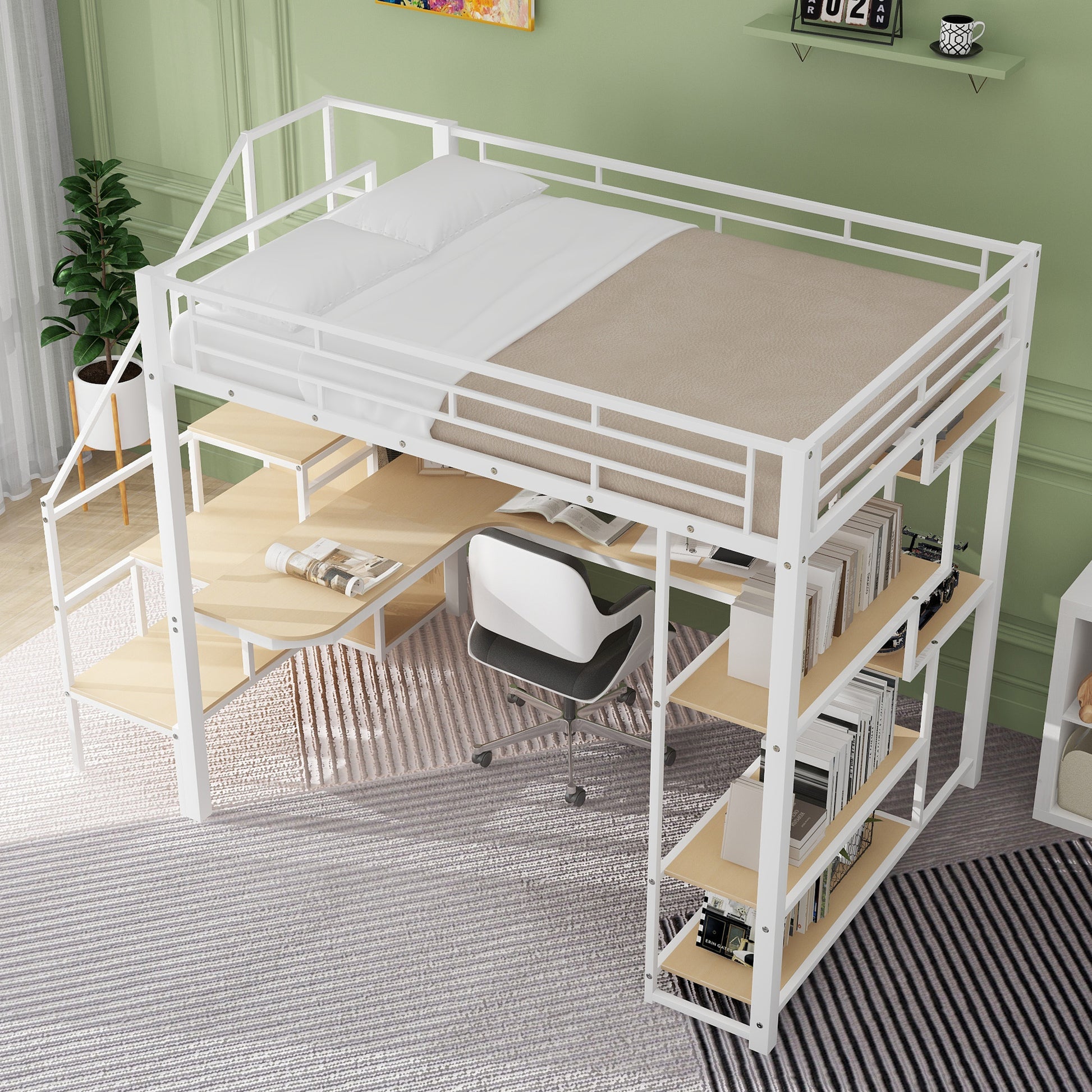 Full Size Metal Loft Bed With Storage Staircase And Small Wardrobe, Built In Desk And Storage Shelves, White Full White Metal