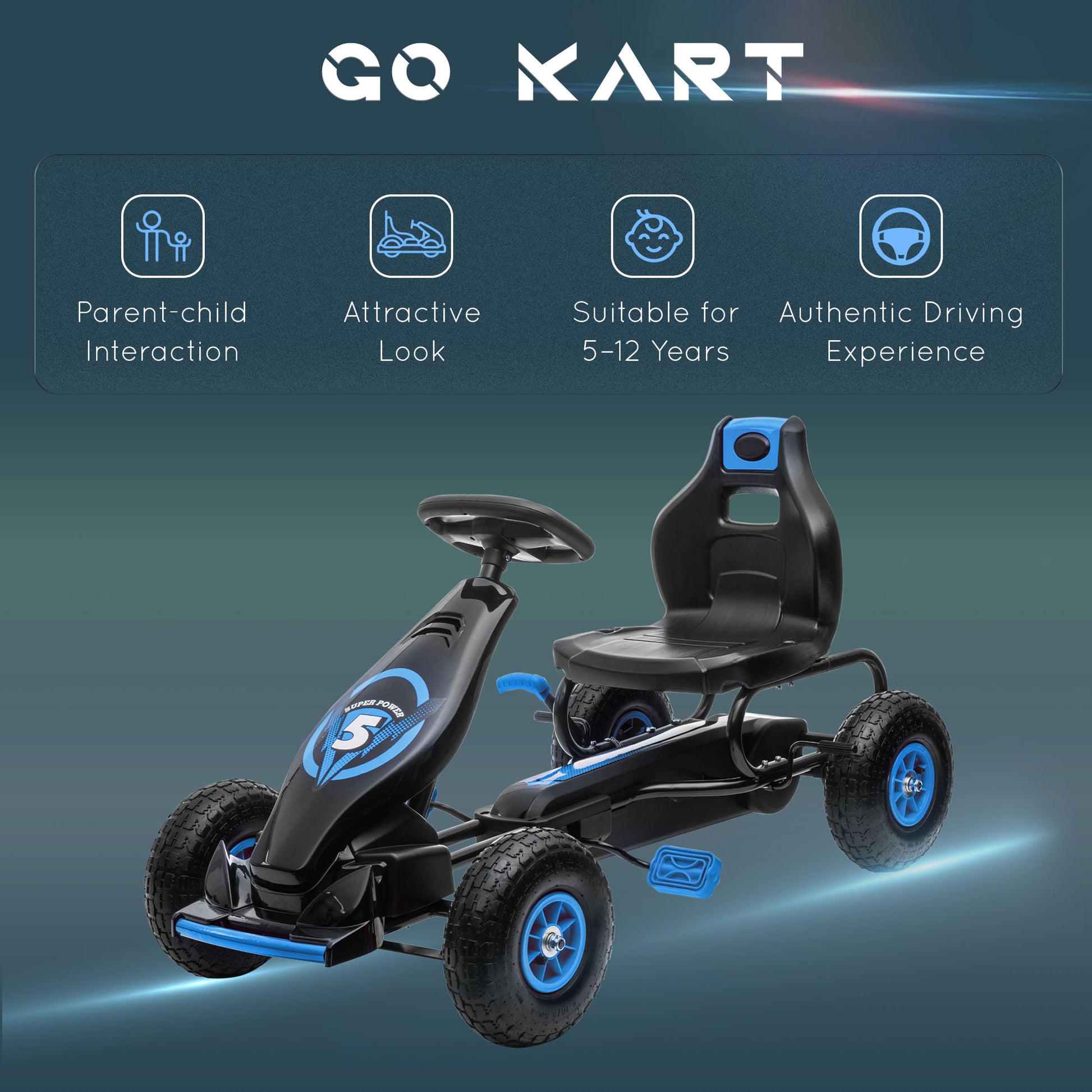 Aosom Kids Pedal Go Kart Ride On Toy With Ergonomic Comfort, Pedal Car With Tough, Wear Resistant Tread, Go Cart Kids Car For Boys & Girls With Suspension System, Safety Hand Brake, Ages 5 12, Blue