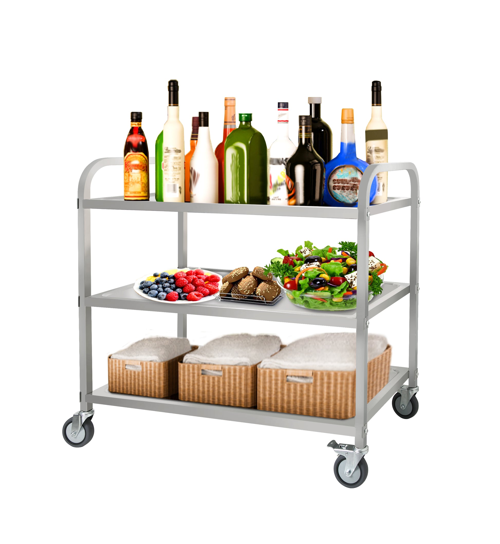 3 Tier Stainless Steel Cart, Serving Cart With Wheels, Restaurant, Household, Service Trolley, 360 Rotation Storage Cart With Locking Wheels 37.4 * 19.2 * 36.6'' L*W*H Rolling Kitchen Food Cart White Silver Stainless Steel