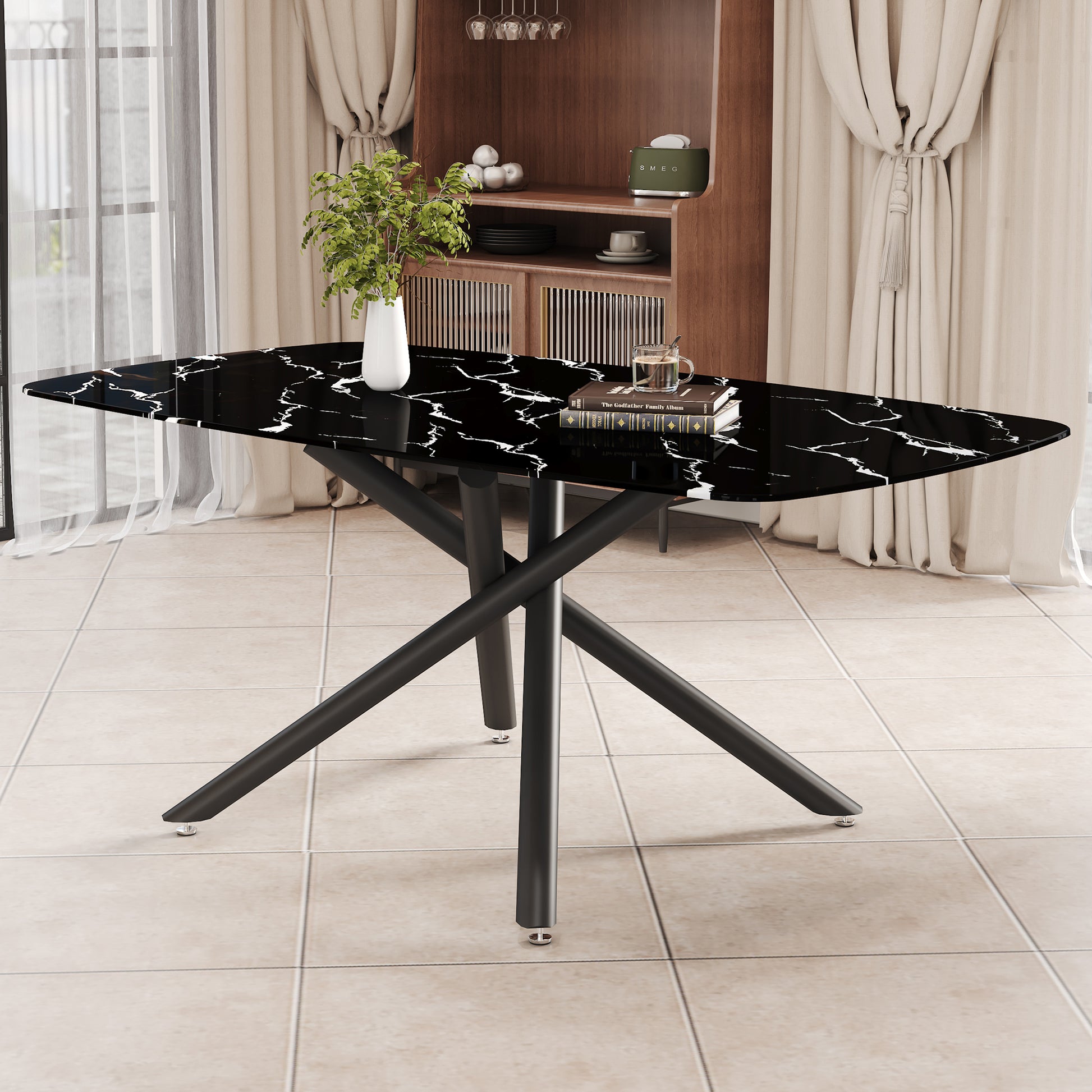 Large Modern Minimalist Rectangular Dining Table With 0.39 "Imitation Marble Black Tabletop And Black Metal Legs, Suitable For Kitchen, Dining Room, Living Room, Conference Room, And Banquet Hall 1537 Black Glass Metal