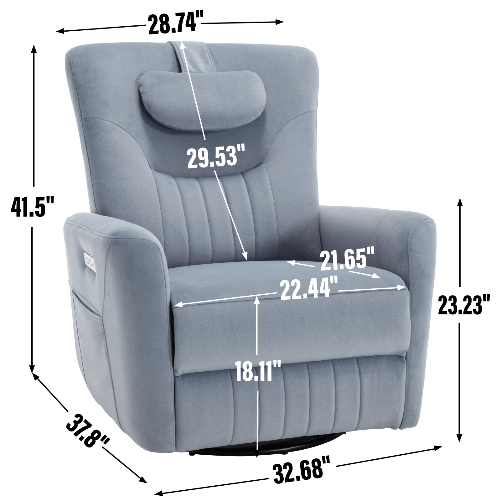 Blue Swivel And Rocker Power Recliner Chair With Lumbar And Neck Support Pillow, Heavy Duty Motion Mechanism With Usb And Type C Ports Blue Polyester Power Push Button Metal Primary Living Space Medium Firm Tight Back Heavy Duty American Design Pine