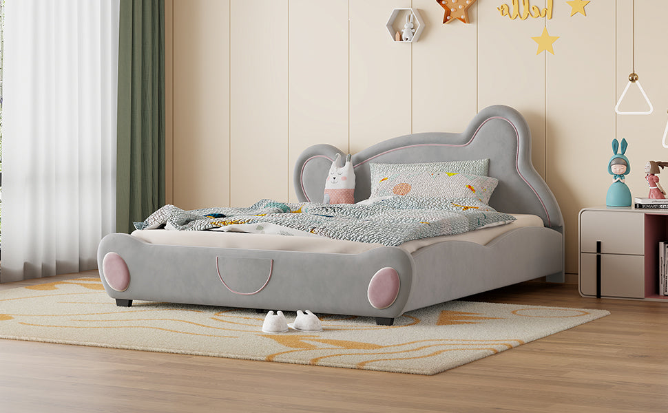 Queen Size Velvet Platform Bed With Bear Shaped Headboard, With Bed End Storage Pocket, Gray Queen Gray Plywood