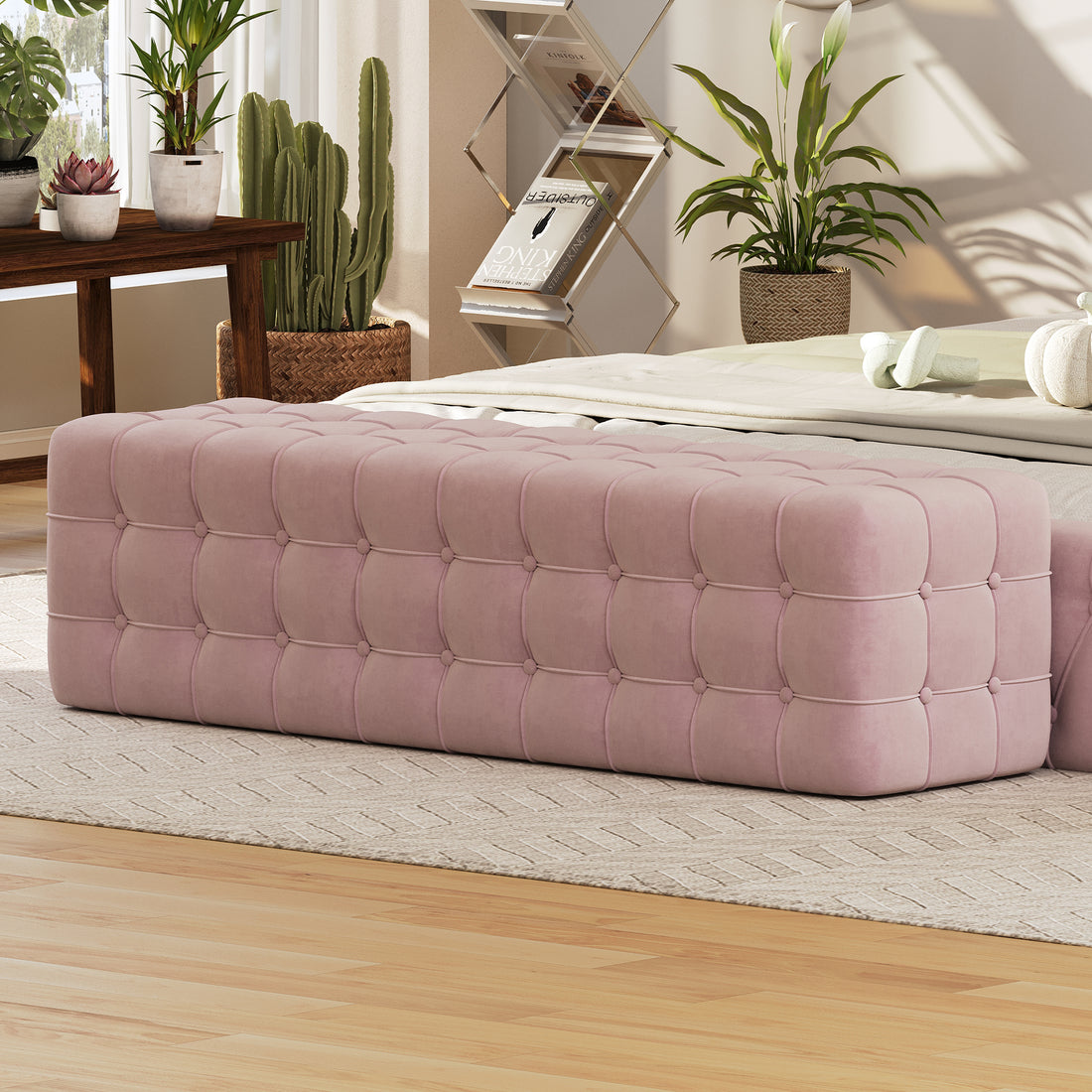 All Covered Velvet Upholstered Ottoman, Rectangular Footstool, Bedroom Footstool, No Assembly Required, Elegant And Luxurious, Pink Pink Mdf