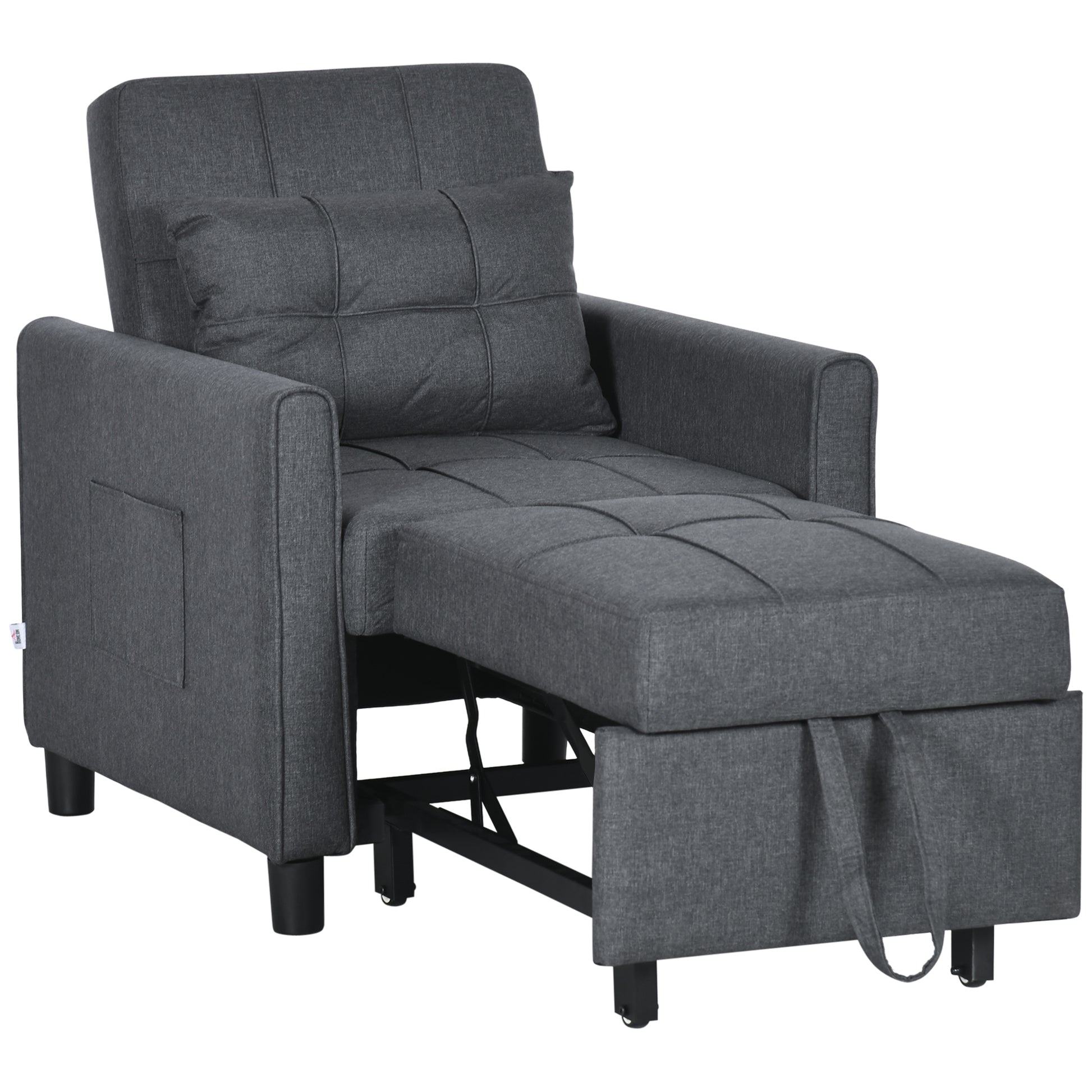 Homcom 3 In 1 Convertible Chair Bed, Multi Functional Single Sofa Bed, Pull Out Sleeper Chair With Adjustable Backrest, Pillow, And Pockets, Gray Dark Grey Polyester