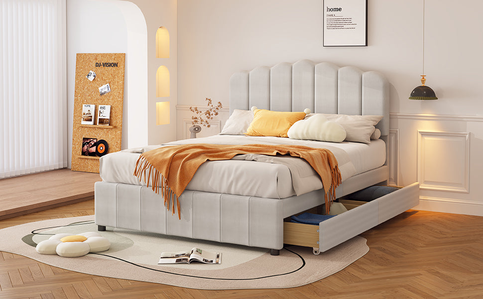 Full Size Upholstered Bed With 4 Storage Drawers,Wood Slat Support, Beige Full Beige Upholstered