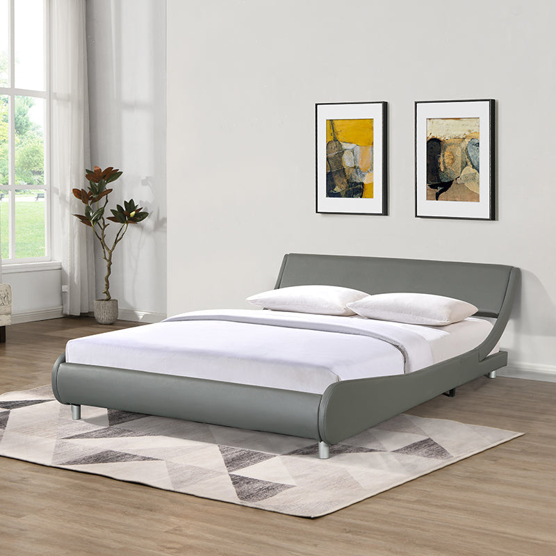 Faux Leather Upholstered Platform Bed Frame, Curve Design, Wood Slat Support, No Box Spring Needed, Easy Assemble, Queen Size, Gray Queen Grey Leather