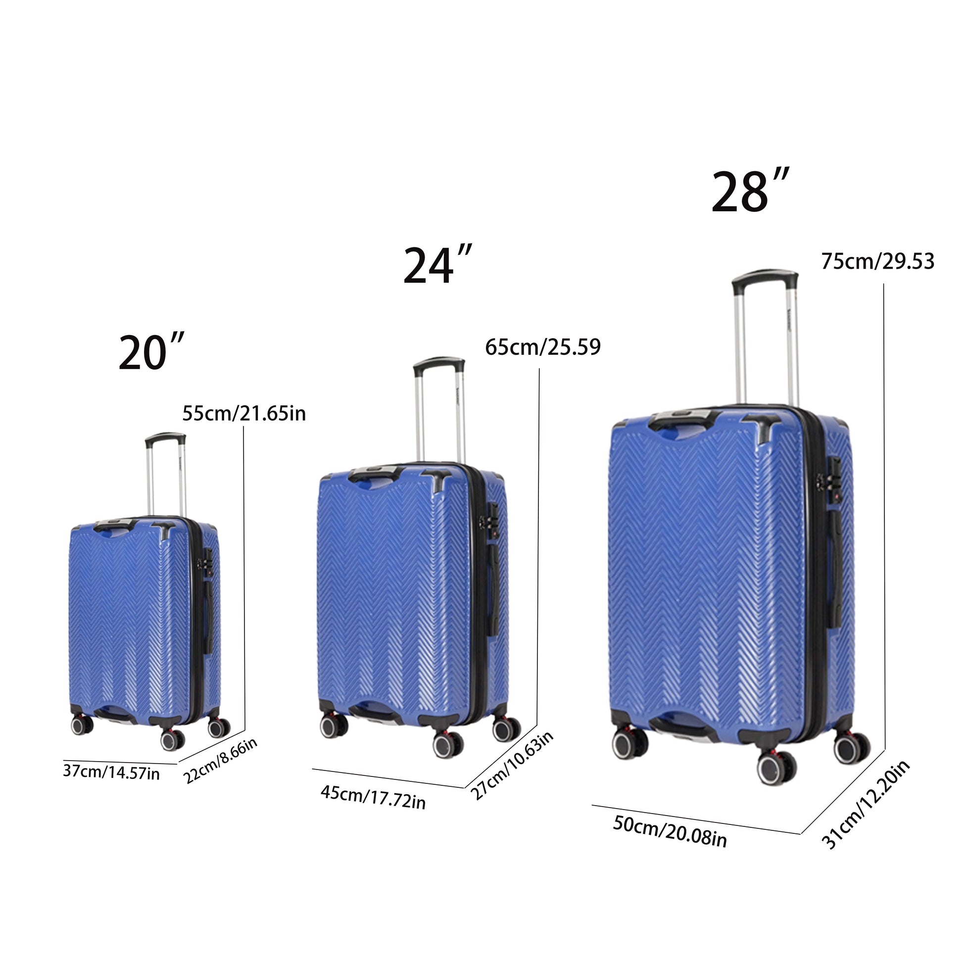 3 Piece Hard Carry On Luggage Set With Swivel Wheels And Password Lock, Portable Lightweight Password Travel Luggage, Blue 20 24 28 Blue Abs Pc