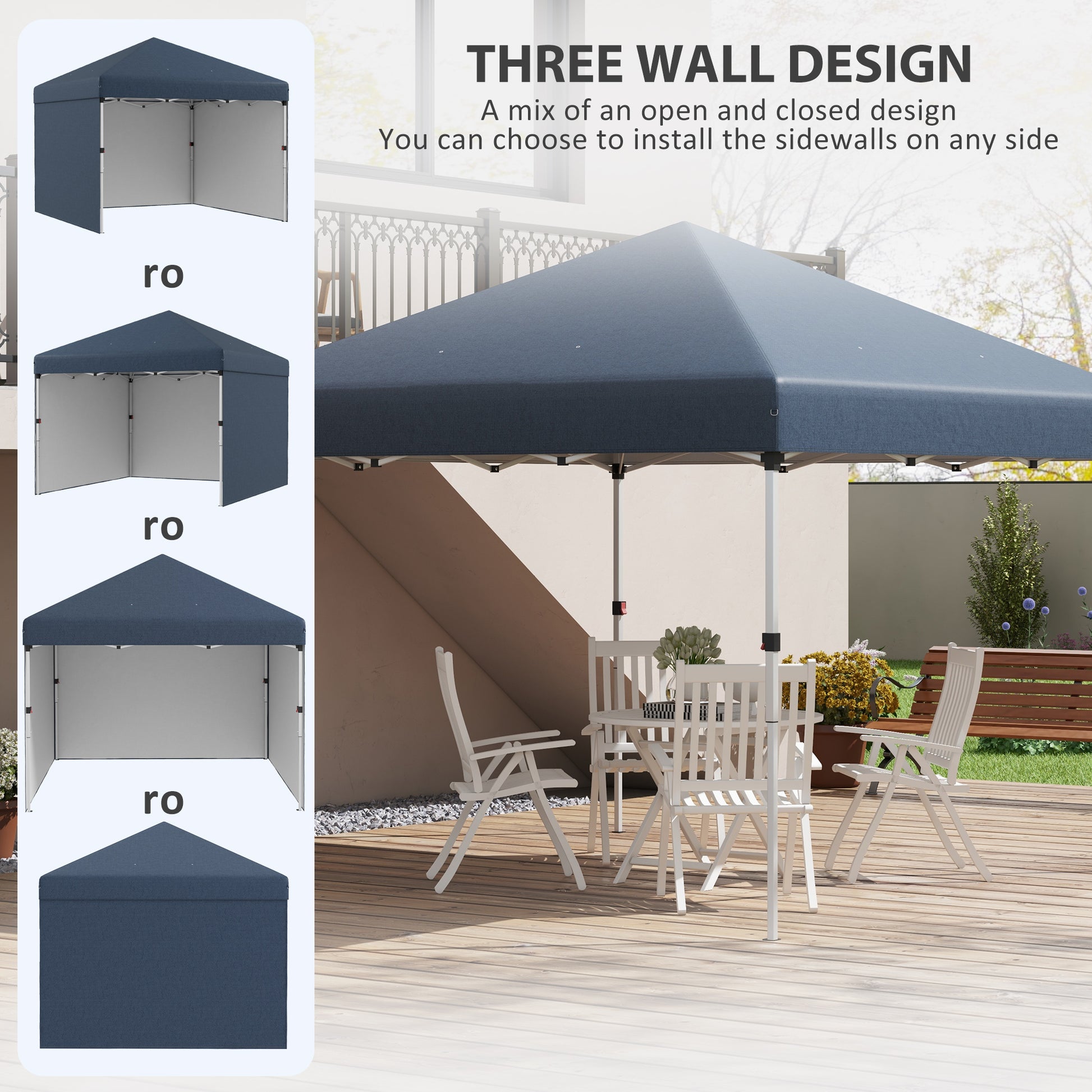 Outsunny 10' X 10' Pop Up Canopy Tent With 3 Sidewalls, Leg Weight Bags And Carry Bag, Height Adjustable, Instant Party Tent Event Shelter Gazebo For Garden, Patio, Navy Blue Blue Steel