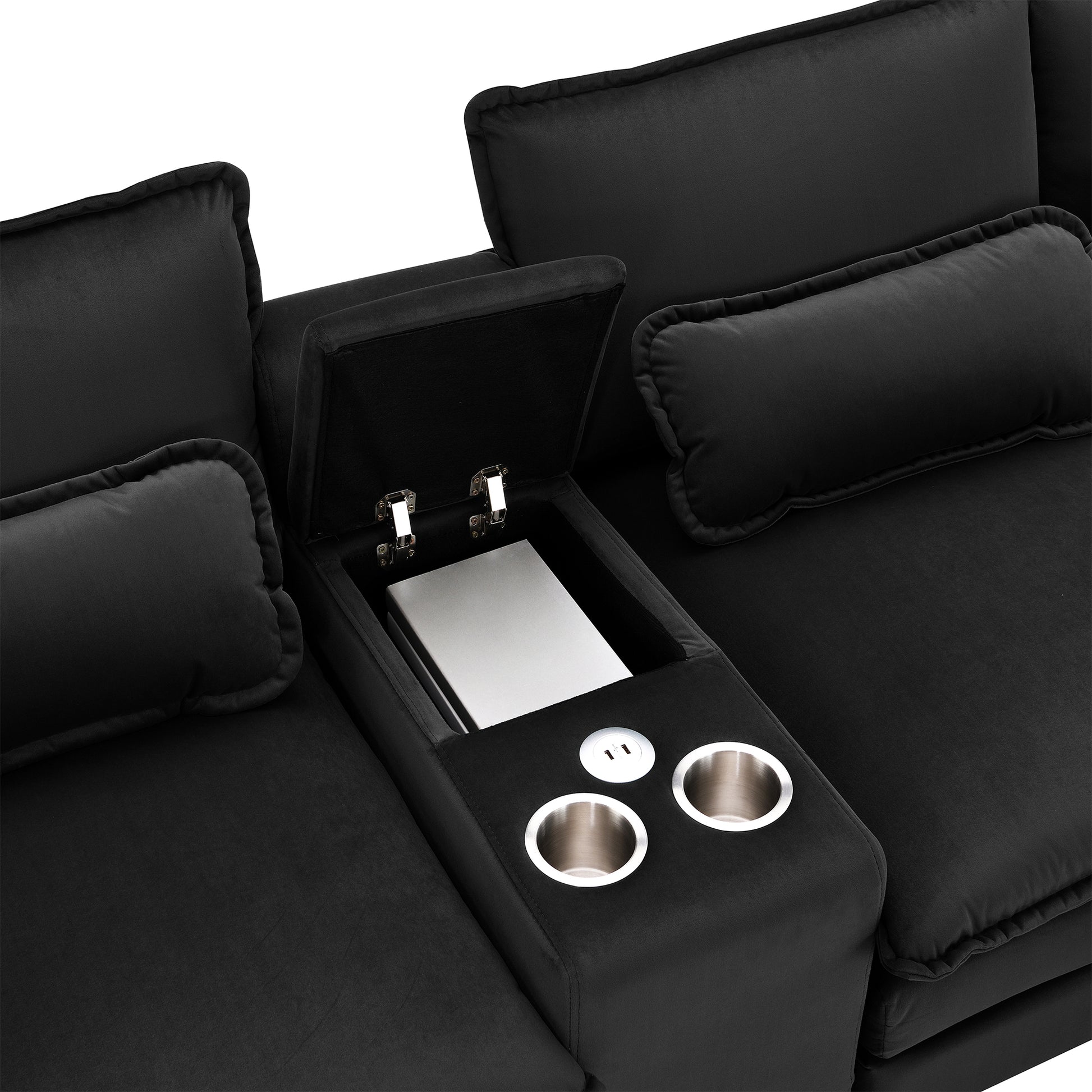 123*55" Modern U Shaped Sofa With Console,Cupholders And Usb Ports,6 Seat Upholstered Symmetrical Indoor Furniture,Sleeper Couch Set With Chaise For Living Room,Apartment,5 Colors Black Velvet 6