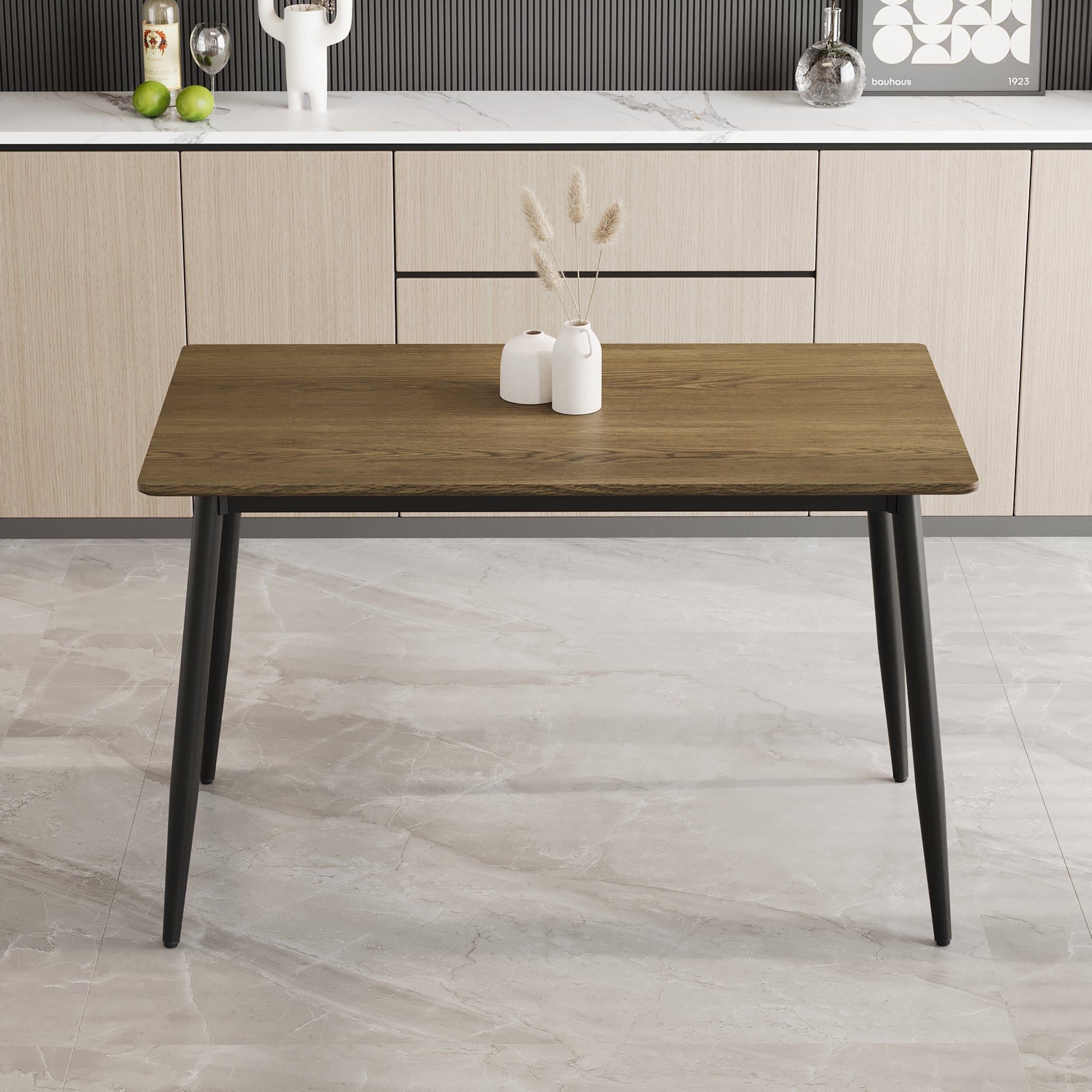 Modern Minimalist Wood Grain Tabletop Dining Table, Stylish Dining Table, Kitchen Dining Table, Sturdy And Durable, Easy To Assemble, Black Metal Leg Design, Suitable For 4 6 People, Suitable For