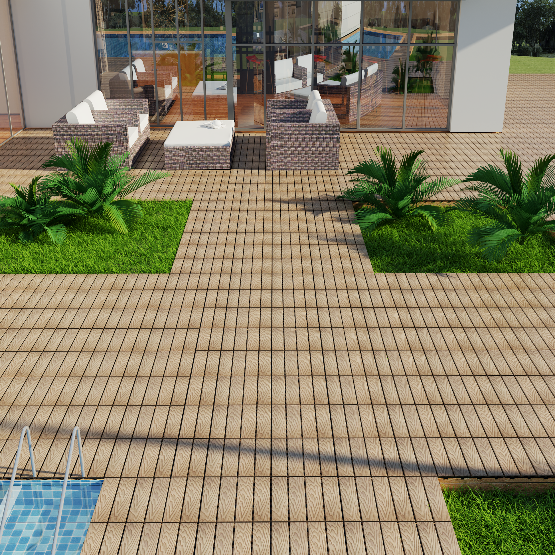 Patio Floor Tiles Pack Of 22 Wpc Wood Plastic Composite Patio Deck Tiles Diy Interlocking Decking Tiles, Quick Deck Floor Tile, Court Tile, Water Resistant Indoor Outdoor 11.8" 3D Teak Teak Plastic