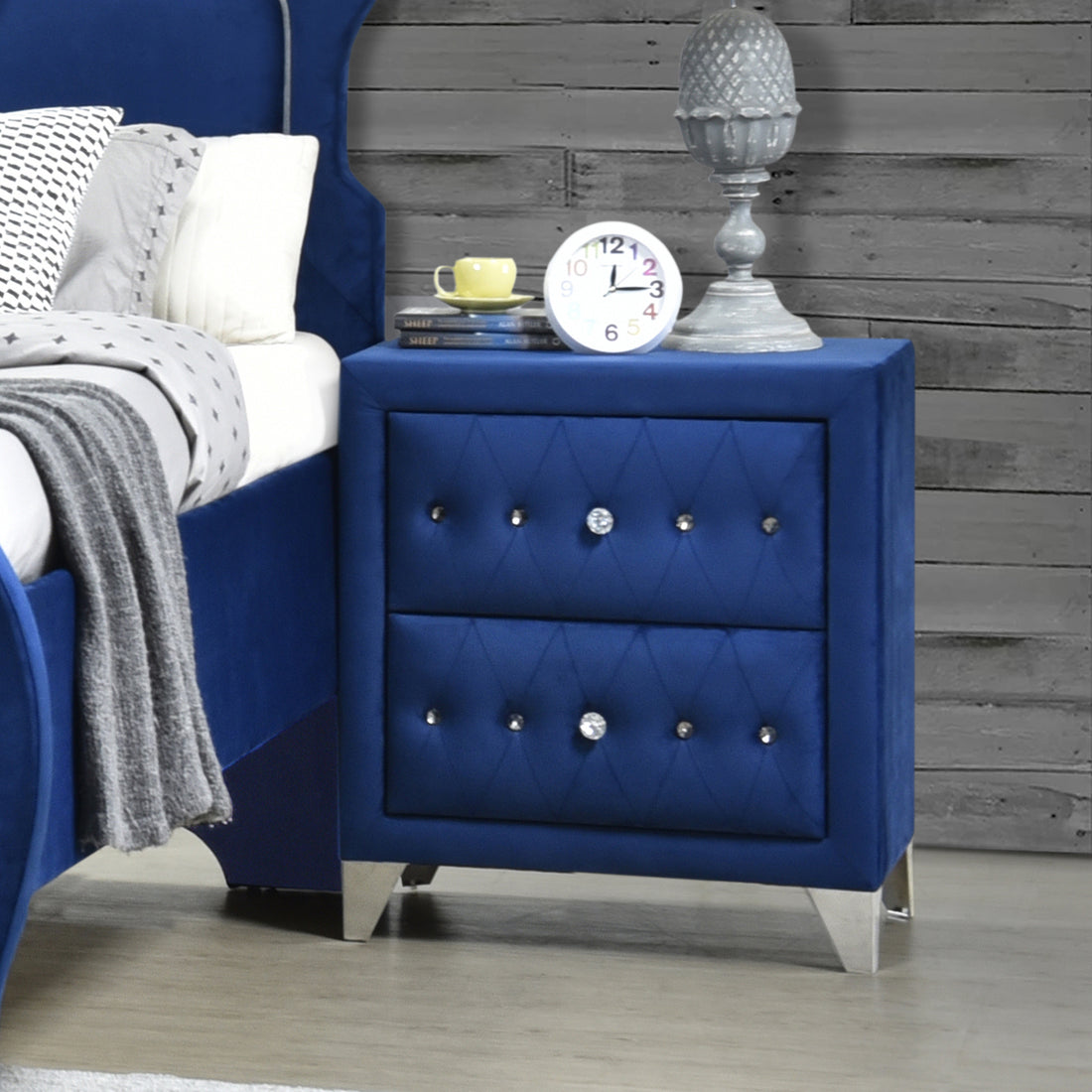 Blue Upholstered 2 Drawer Nightstand Blue 2 Drawers Bedroom Bedside Cabinet Luxury Drawers Velvet