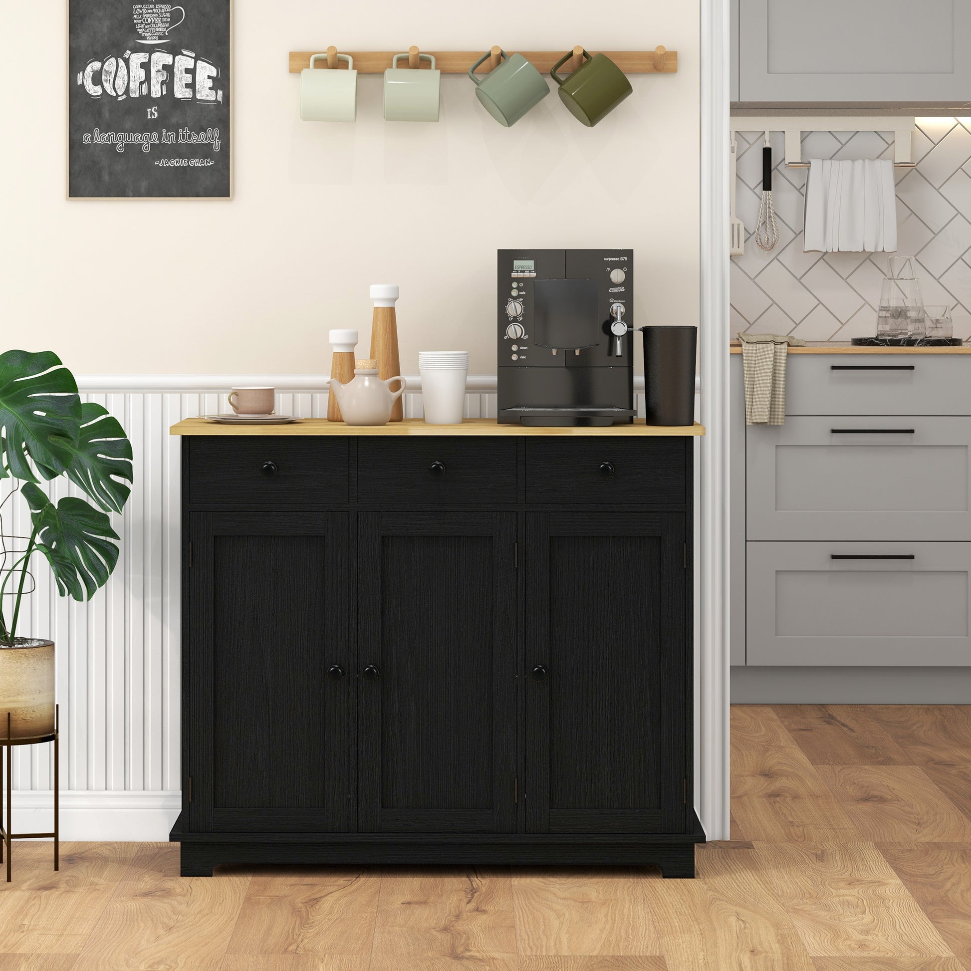 Homcom Sideboard With Solid Wood Countertop, Modern Kitchen Storage Cabinet, Coffee Bar Cabinet With 3 Drawers, Doors And Adjustable Shelf, Distressed Black Wood Wood