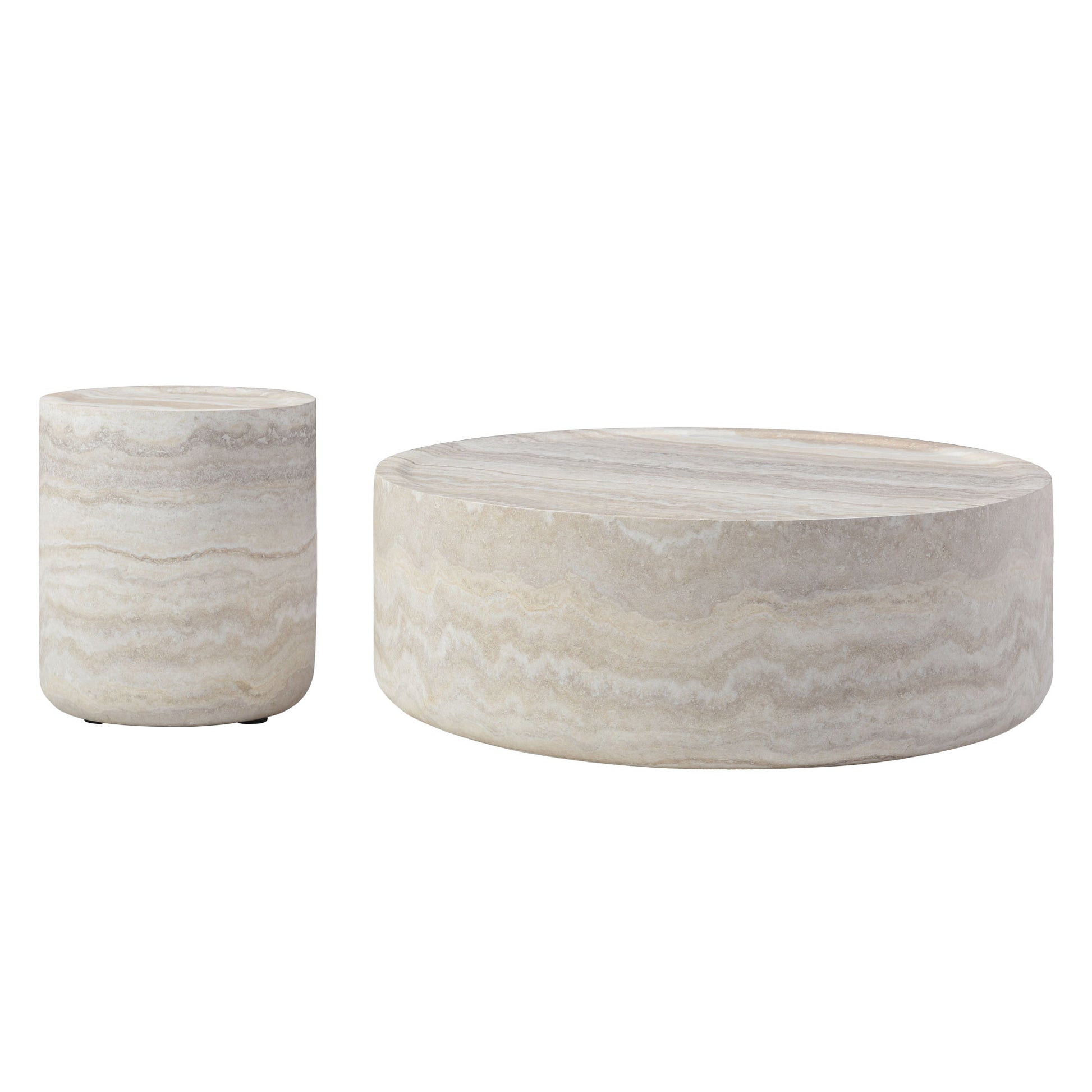 Set Of 2 Faux Mars Pattern Coffee Tables Side Table Round Tea Faux Travertine Textured Table For Living Room, No Need Assembly. Marble Fiberglass